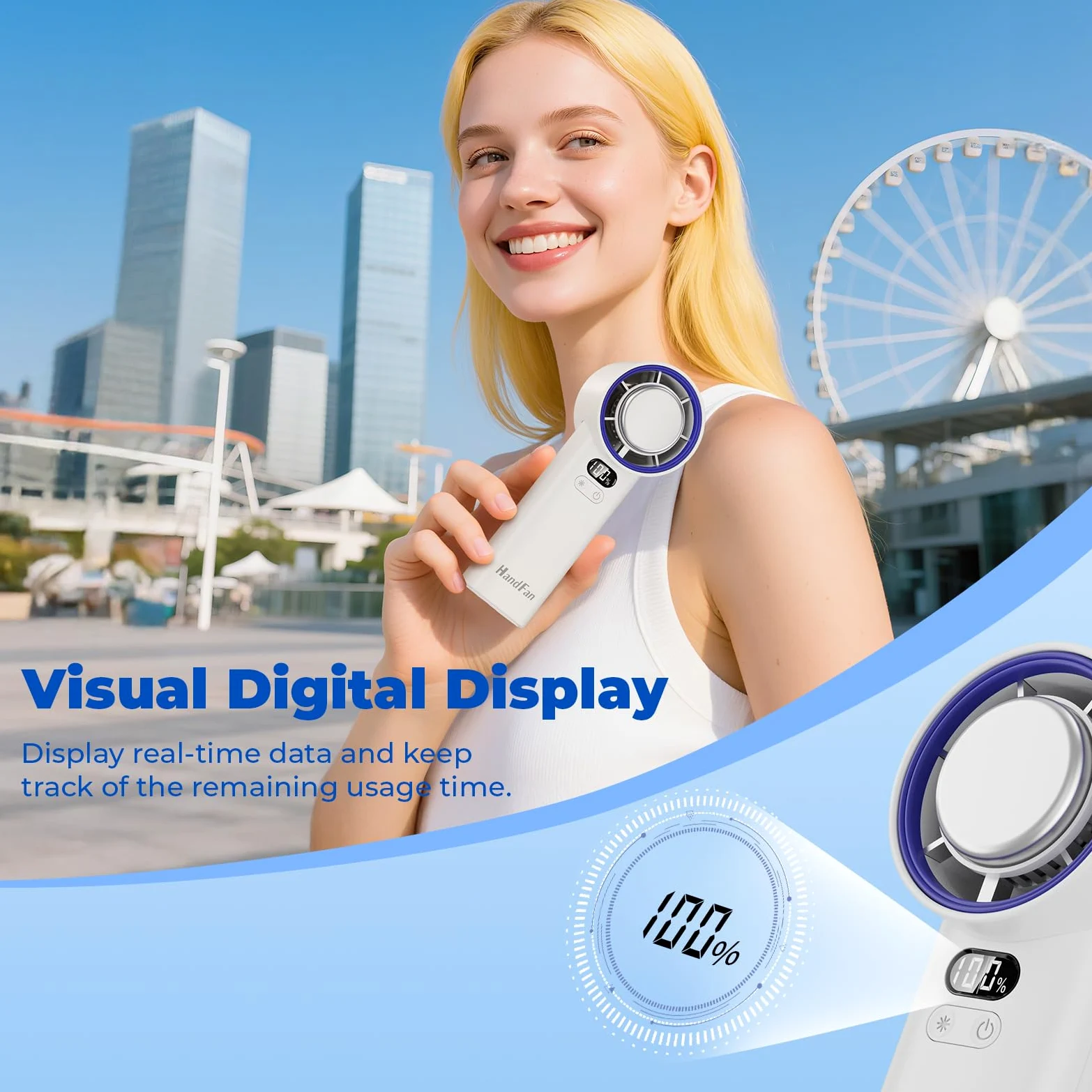 HandFan Ventola portatile turbo ad alta velocità da 5200 mAh, 13000 giri/min, mini ventilatore portatile AC, 100 velocità regolabili, display digitale, ricaricabile tramite USB, per viaggi, spiaggia,