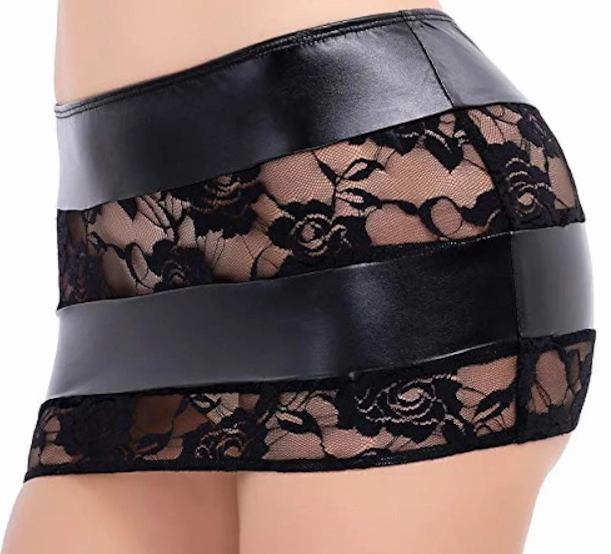 Minigonna corta elasticizzata da donna effetto bagnato con pizzo