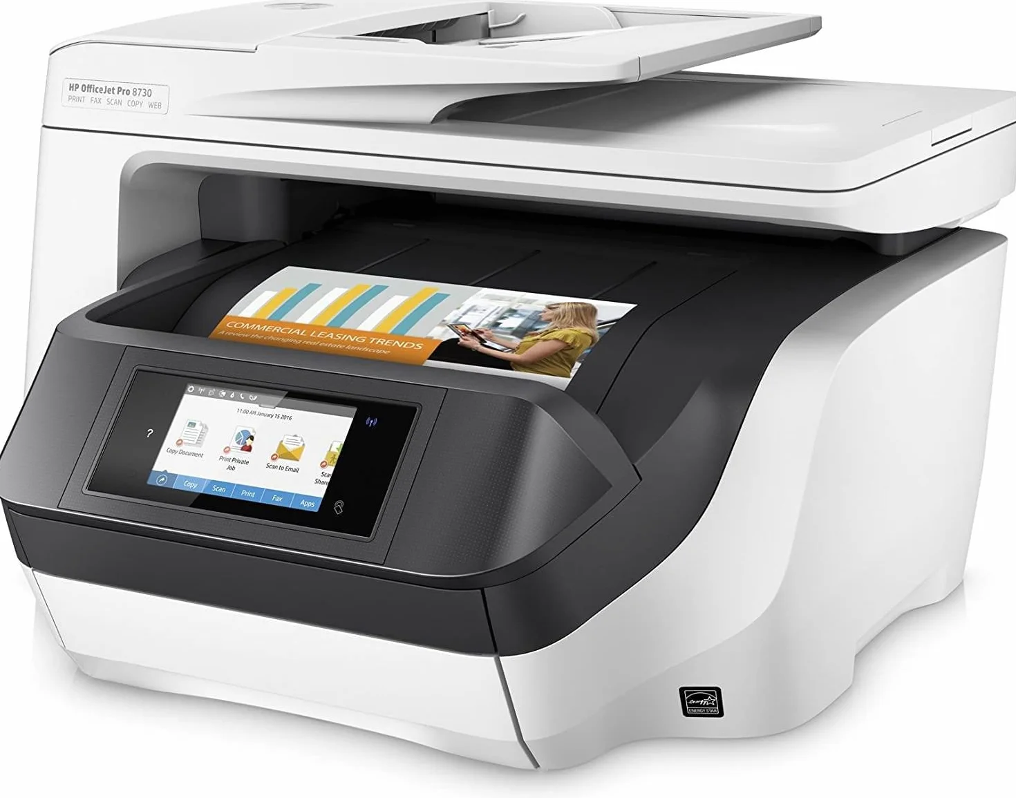 HP OfficeJet Pro 8730 D9L20A, Stampante Multifunzione A4 a Getto di Inchiostro, Stampa fronte/retro automatica, 36 ppm, Scansiona, Copia, Fotocopia, Fax, USB, Wi-Fi, Ethernet, HP Smart, Bianca