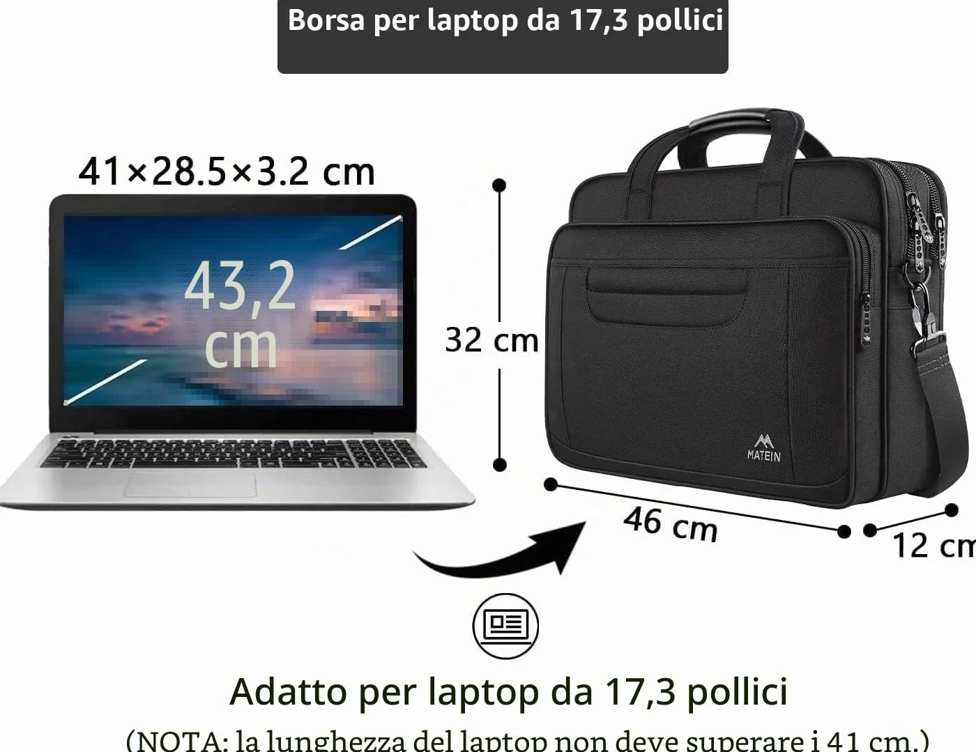 MATEIN Borsa Porta PC 17 Pollici, Borsa Lavoro Uomo Donna per Documenti, Tasca Antifurto e Tracolla Rimovibile, Multitasche con Fascia per Trolley, Custodia Notebook per Ufficio, Università e Viaggio