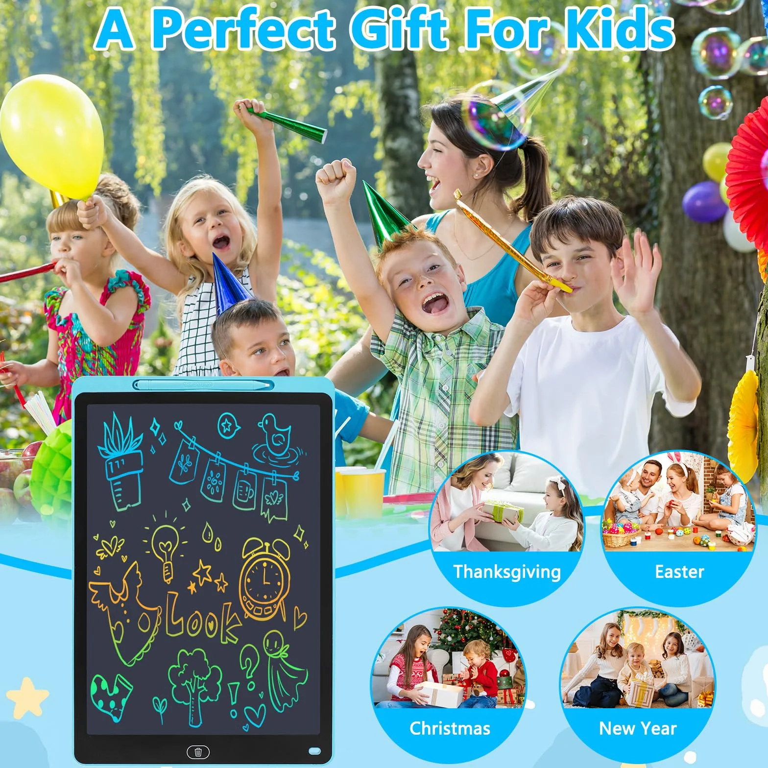 Tavoletta Grafica Bambini 16 Pollici LCD Lavagna Magnetica Cancellabile Display Colorato Giocattoli Educativi 3-12 Anni Blu