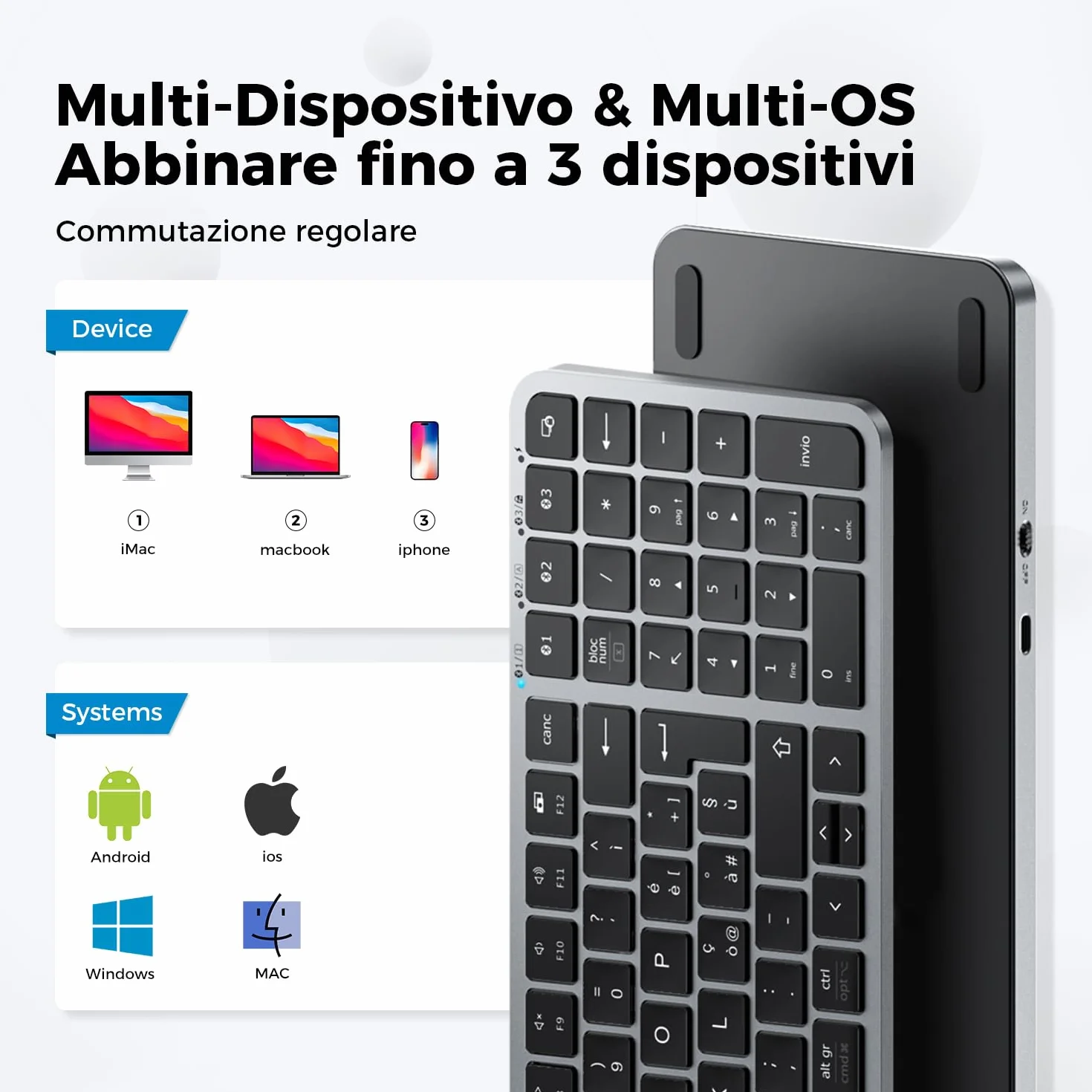 iClever Tastiera Bluetooth Wireless Ricaricabile Compatta Multi-Dispositivo USB-C Silenziosa Compatibile Mac iPad Tablet iMac Laptop