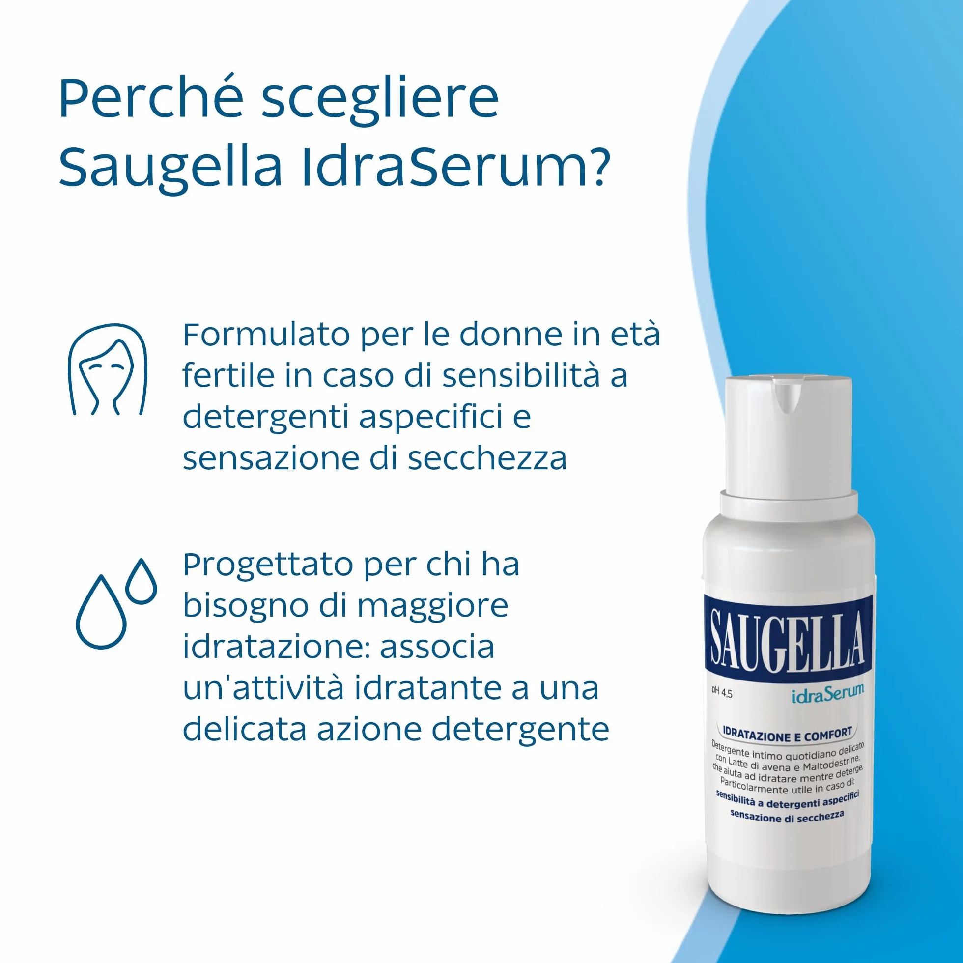 Saugella IdraSerum Detergente Intimo Delicato pH 4.5 Latte d'Avena Acido Lattico Lavanda 200 ml