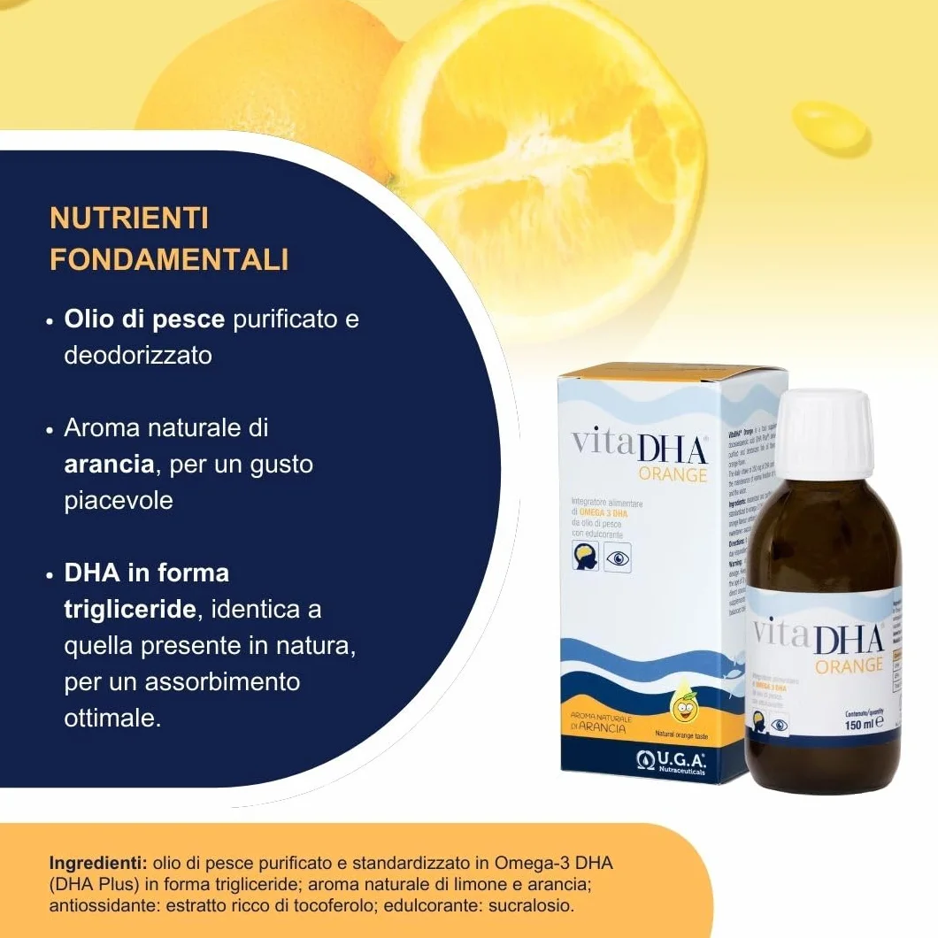 VitaDHA Orange Omega 3 IFOS 5 Stelle 150 ml 1035mg DHA 275mg EPA Omega3 Liquido Vitamina E Gusto Agrumi