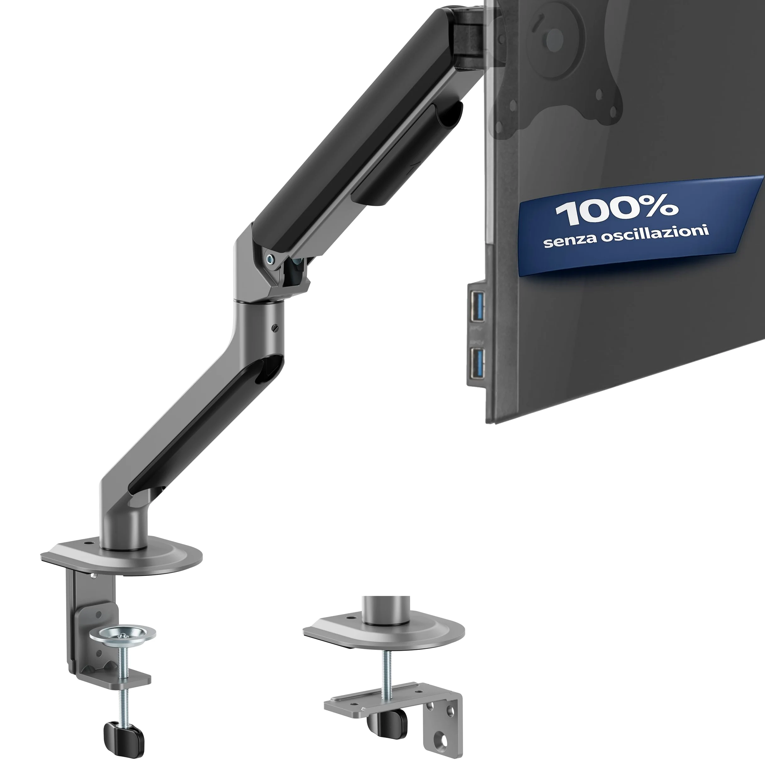 3IDEE Supporto 1 monitor da scrivania per monitor 17-32 pollici - regolabile in altezza, stabile fino a 9 kg - design sottile in alluminio - inclinabile, ruotabile, orientabile - VESA 75x75 e 100x100