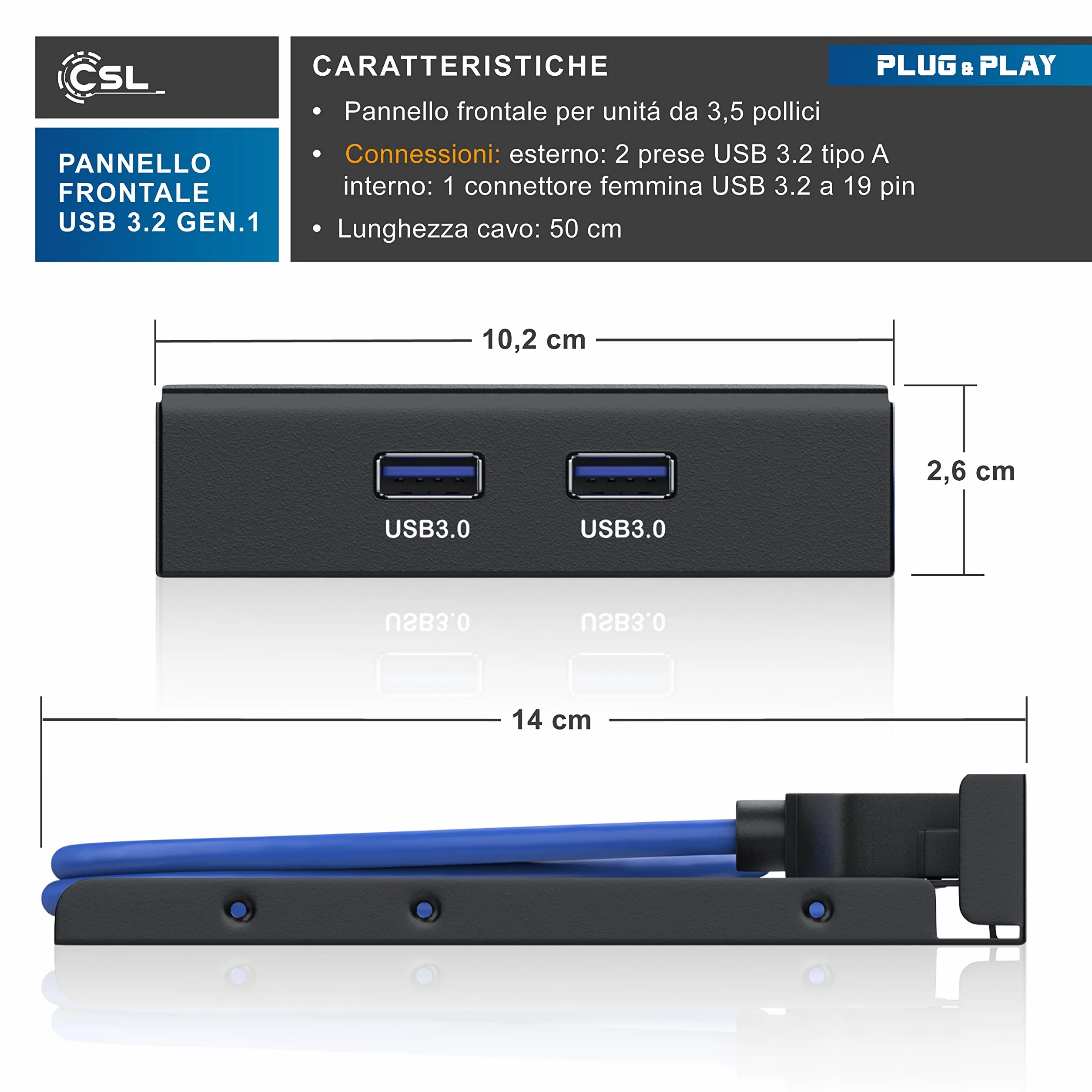 CSL - Pannello Frontale USB 3.2 Super Speed Hub per Drive da 3,5 inch con Cavetto per Scheda Madre a 19 Pin Lungo 50 cm - 8 Viti Incluse – Lettore Schede – Espansione Mobile Rack