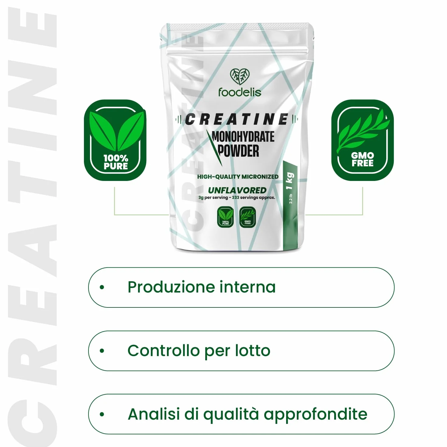 Foodelis Creatina Monoidrato Micronizzata in Polvere 1 kg – 100% Pura Senza Additivi