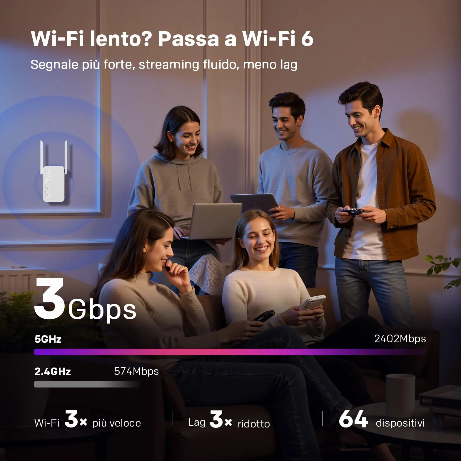 STRONG Ripetitore WiFi 6 AX3000 da presa muro – Amplificatore WiFi potente Dual Band con antenne esterne, WiFi extender per casa, 4K ideale streaming, gaming e multi-dispositivo