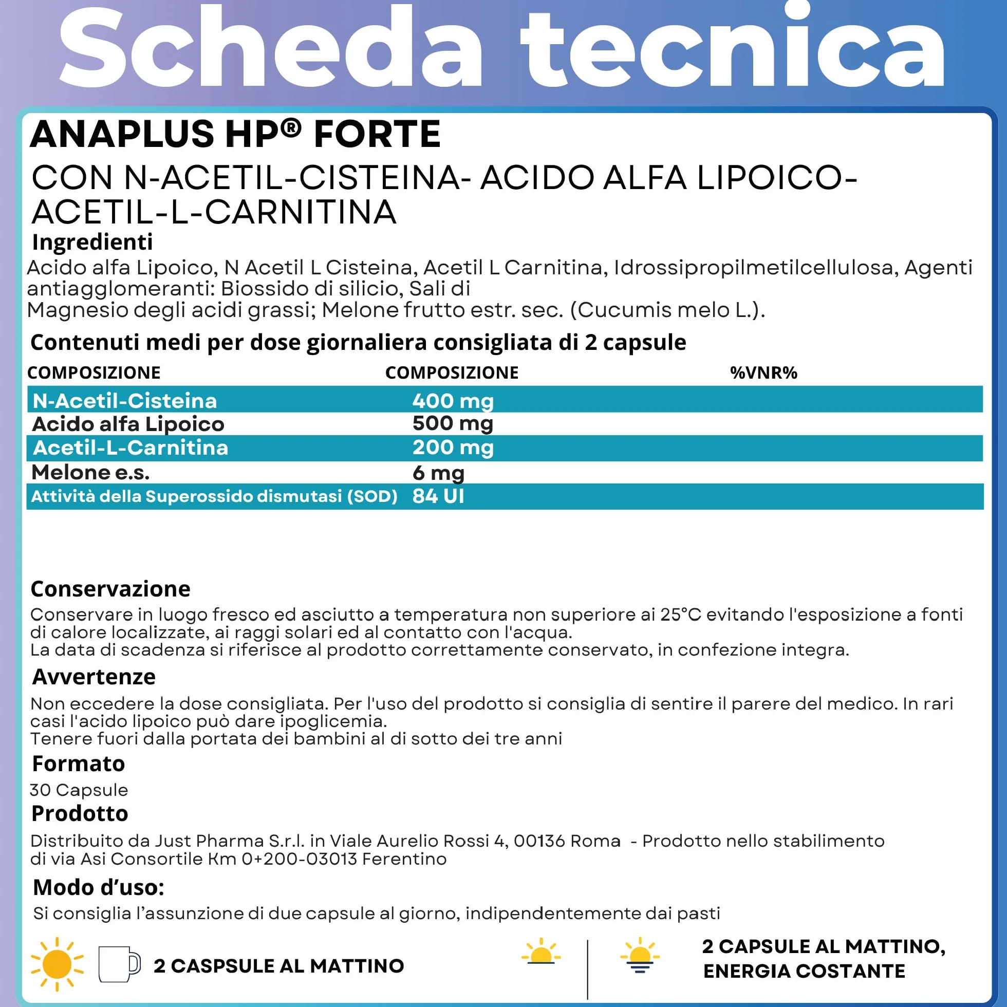 ANAPLUS JustPharma N-Acetil-Cisteina Acido Alfa-Lipoico Acetil-L-Carnitina Superossido Dismutasi 30 capsule Acidoresistenti