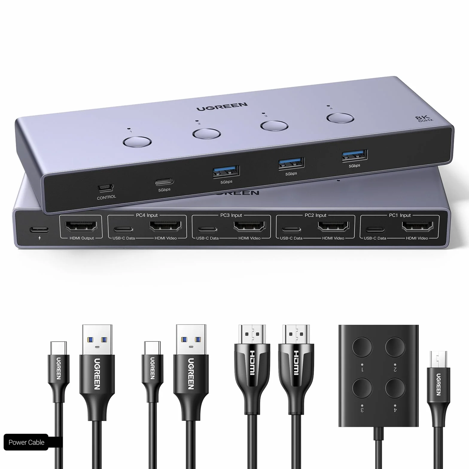 UGREEN Switch KVM HDMI 2.1 4 in 1 out 8K@60Hz USB 3.0, Switch USB 3.0 a 4 Porte per la Condivisione di 2 PC, 1 Monitor, Tastiera, Mouse, Stampante e Disco Rigido
