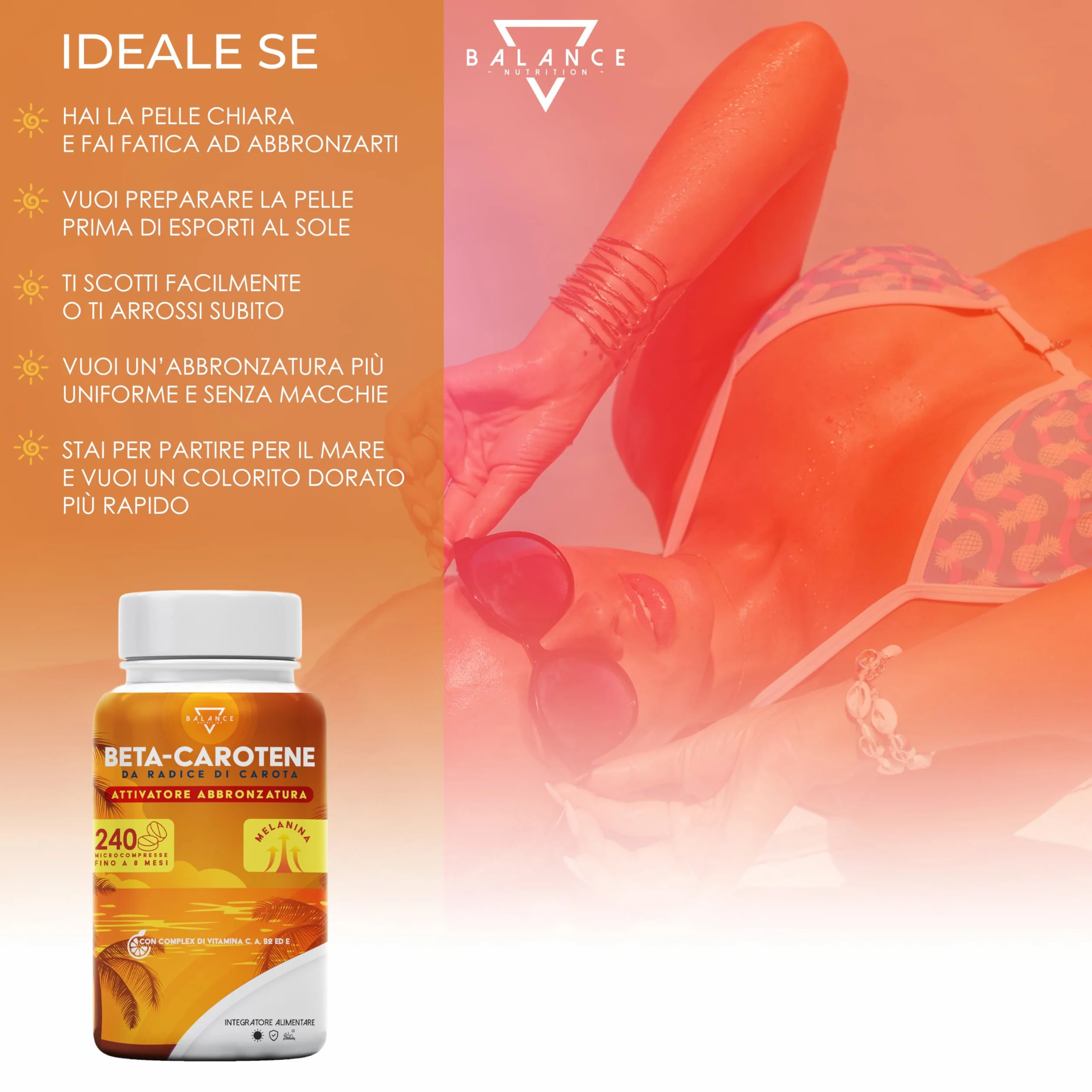 BETACAROTENE ABBRONZATURA FORTE 240 Compresse Integratore Melanina Naturale Made in Italy