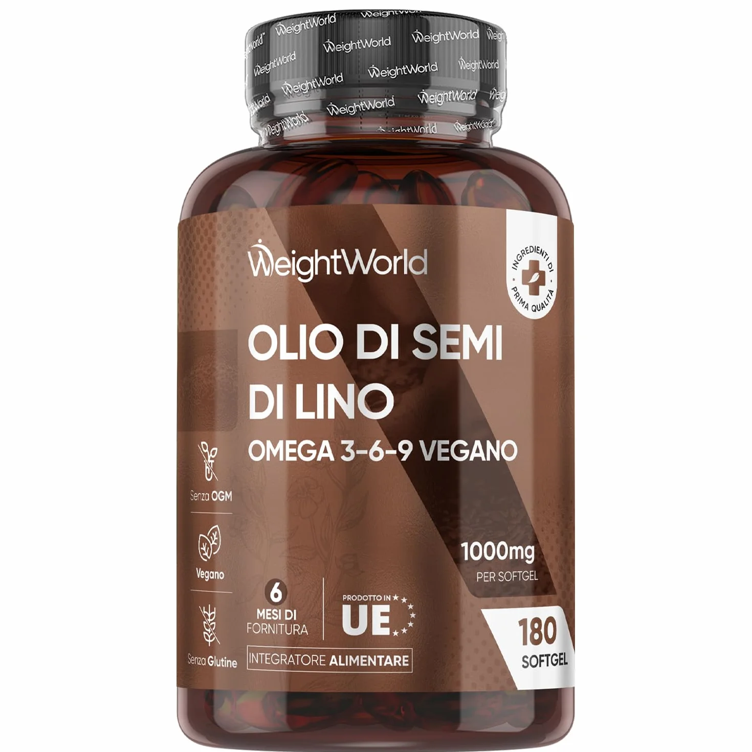 Olio di Semi di Lino Softgel Vegane Omega 3 6 9, 1 al Giorno, 6 Mesi di Scorta, Senza Glutine e OGM