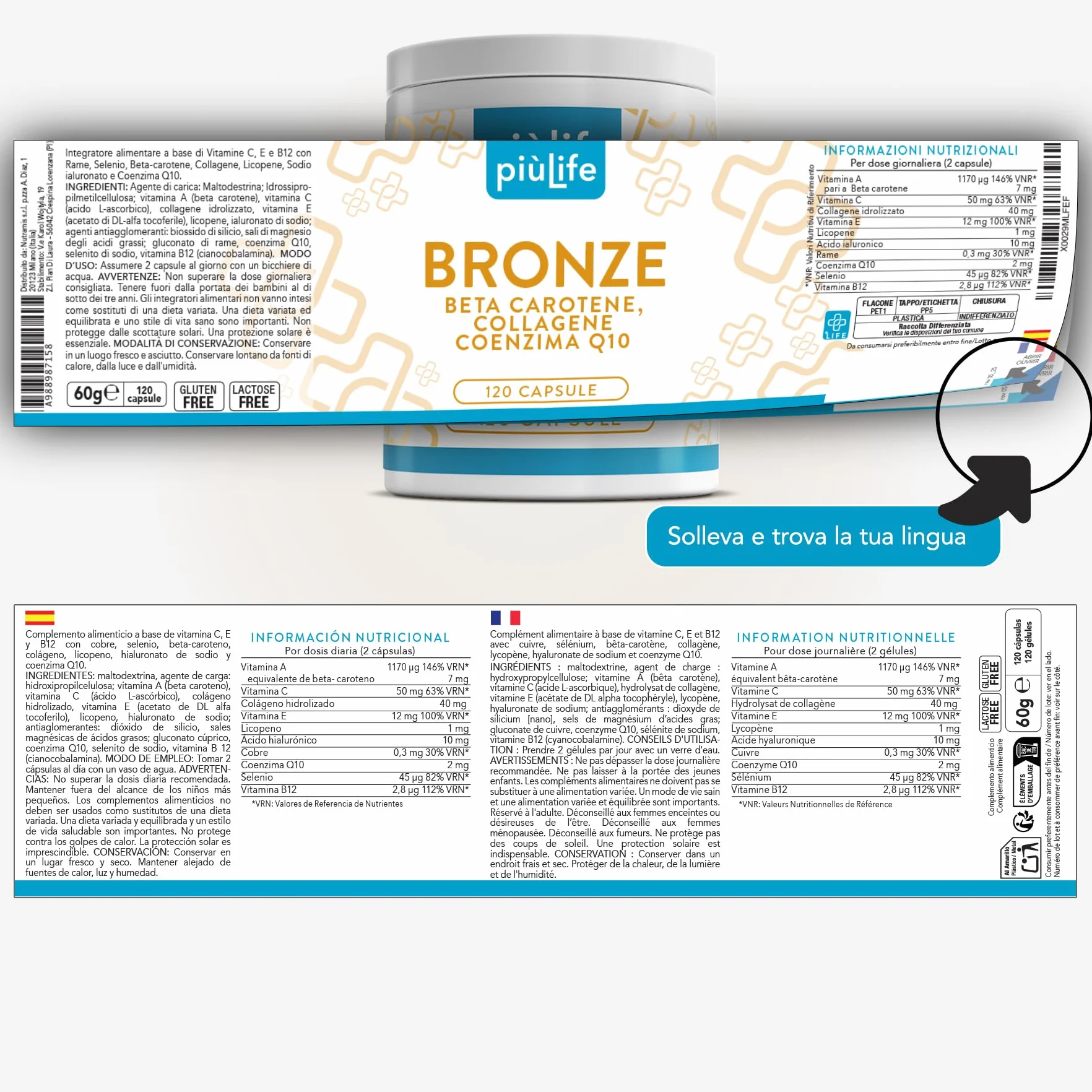 PiùLife Betacarotene Integratore Abbronzatura 120 Capsule con Vitamina A C E Selenio Licopene Collagene Acido Ialuronico