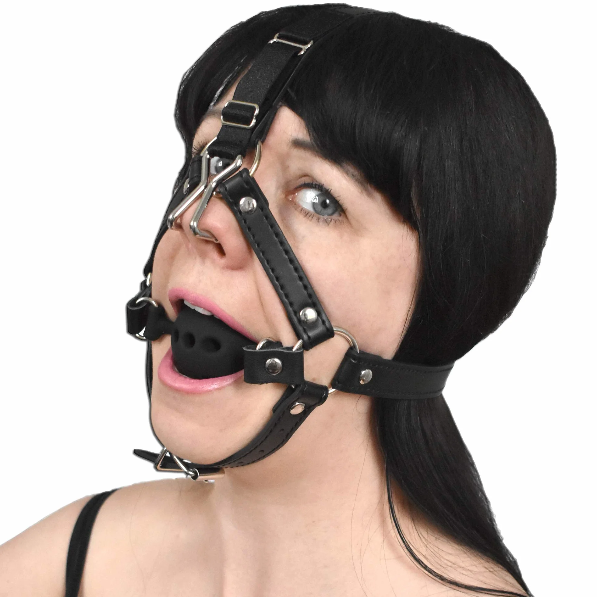 Gancio per Naso Imbracatura Testa con Gag Ball in Silicone BDSM Bondage Bavaglio Ecopelle Head Harness per Giochi Sessuali Feticismo