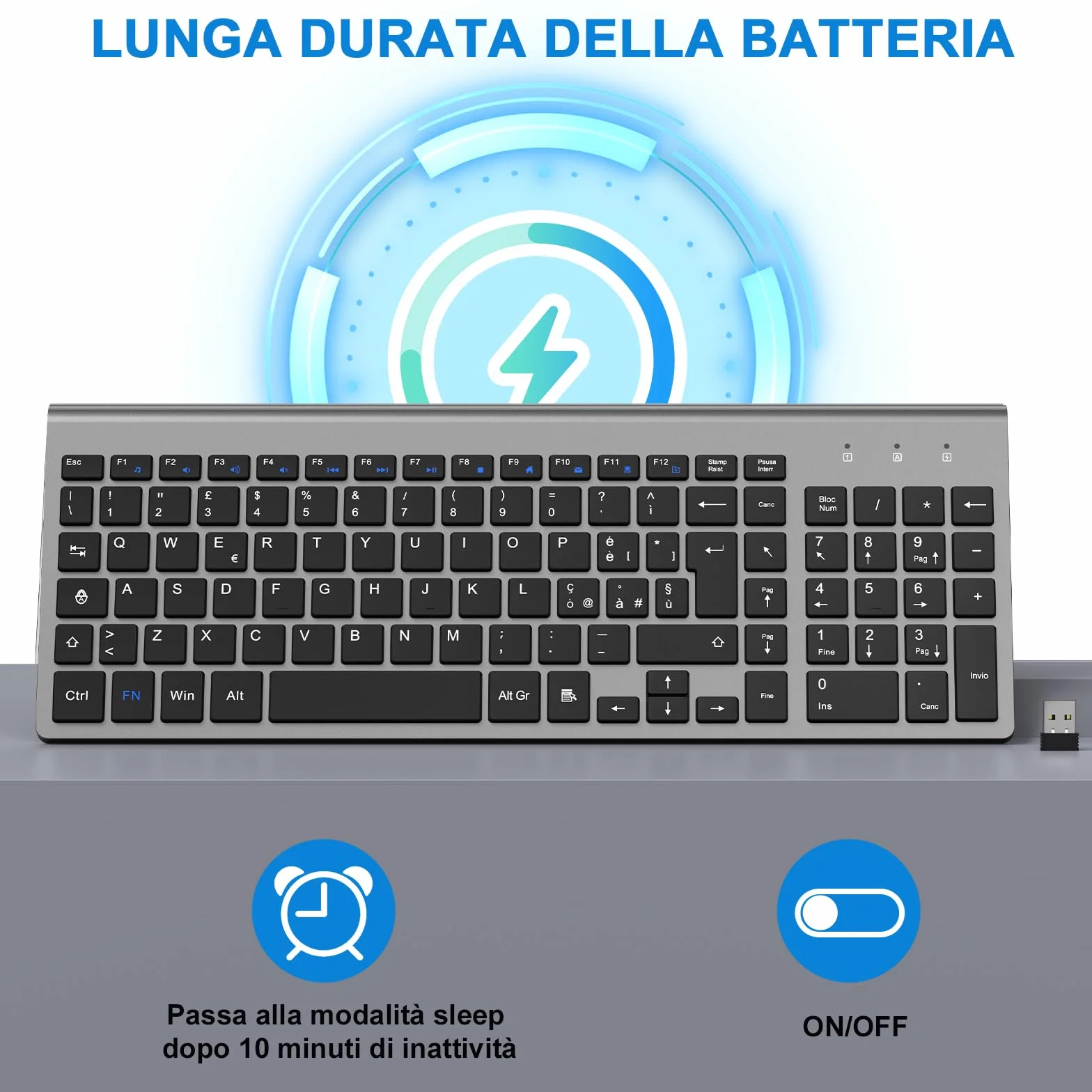 cimetech Tastiera wireless Layout Italiano QWERTY 2.4G USB con tastierino numerico tasti ergonomici grigio