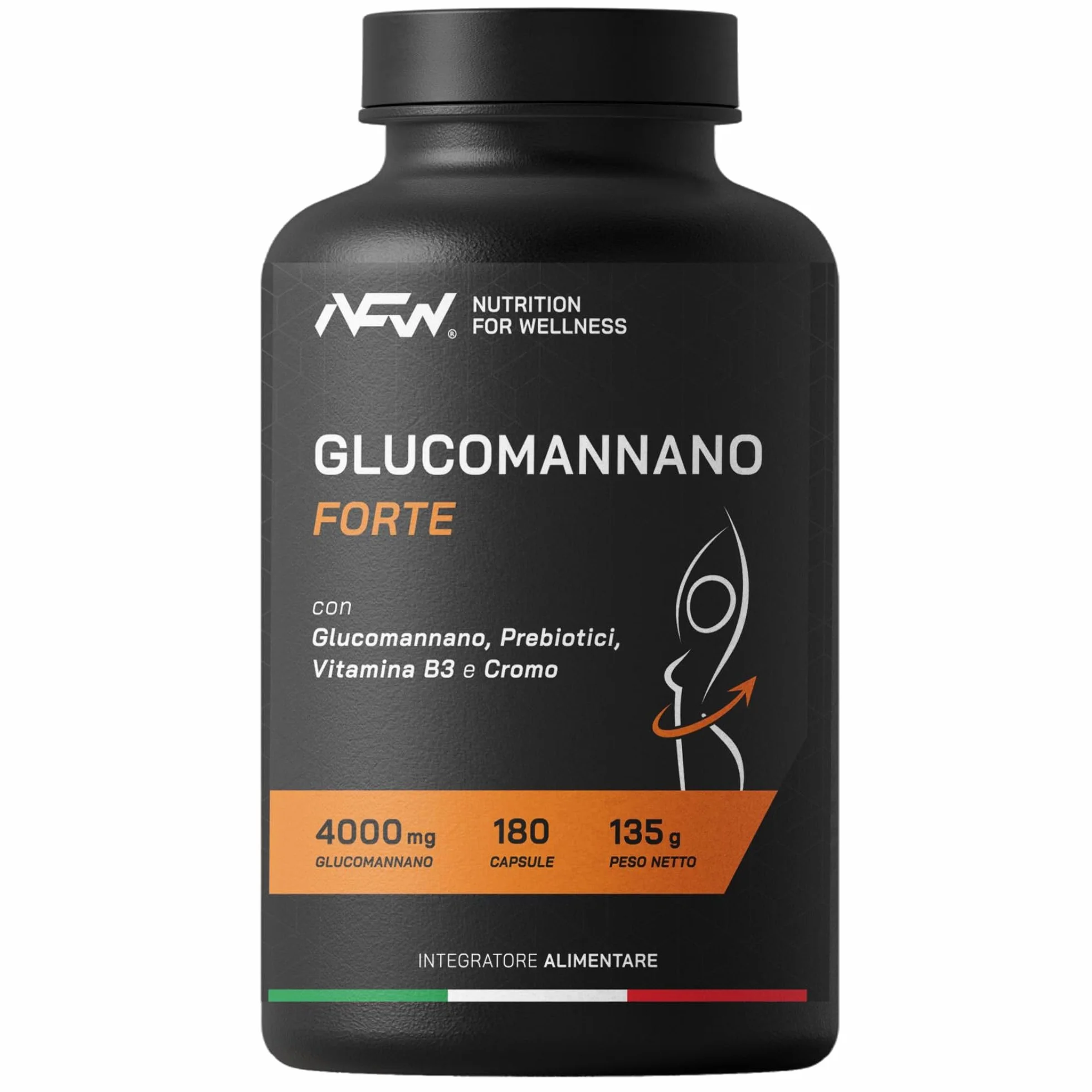 NFW® GLUCOMANNANO FORTE 180 capsule 4000mg Glucomannano puro con Prebiotici Cromo e Vitamina B3 Fibra Naturale Vegetale