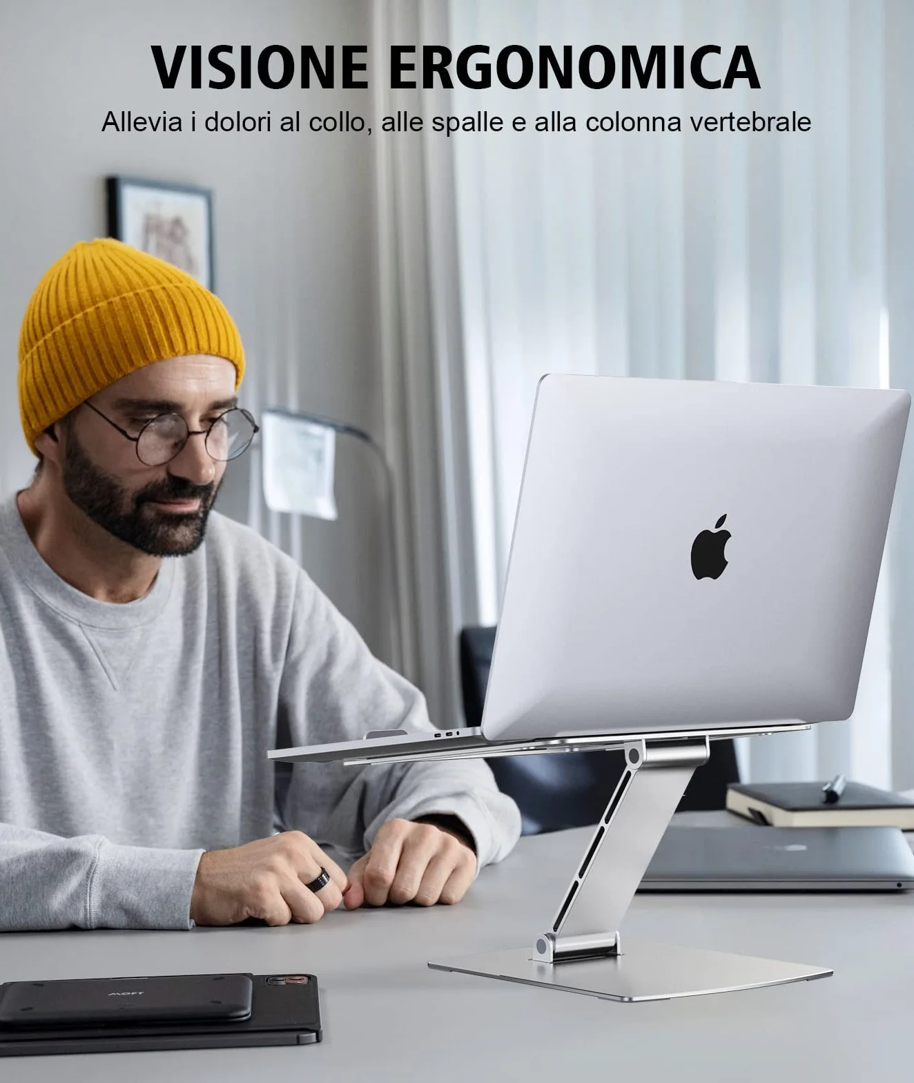 Glangeh Supporto PC Portatile, Porta PC Pieghevole, Ergonomico Laptop Stand con 8 Livelli Regolabile Altezza, Alluminio Ventilato Porta Computer Compatibile con MacBook Air Pro, 10-16''