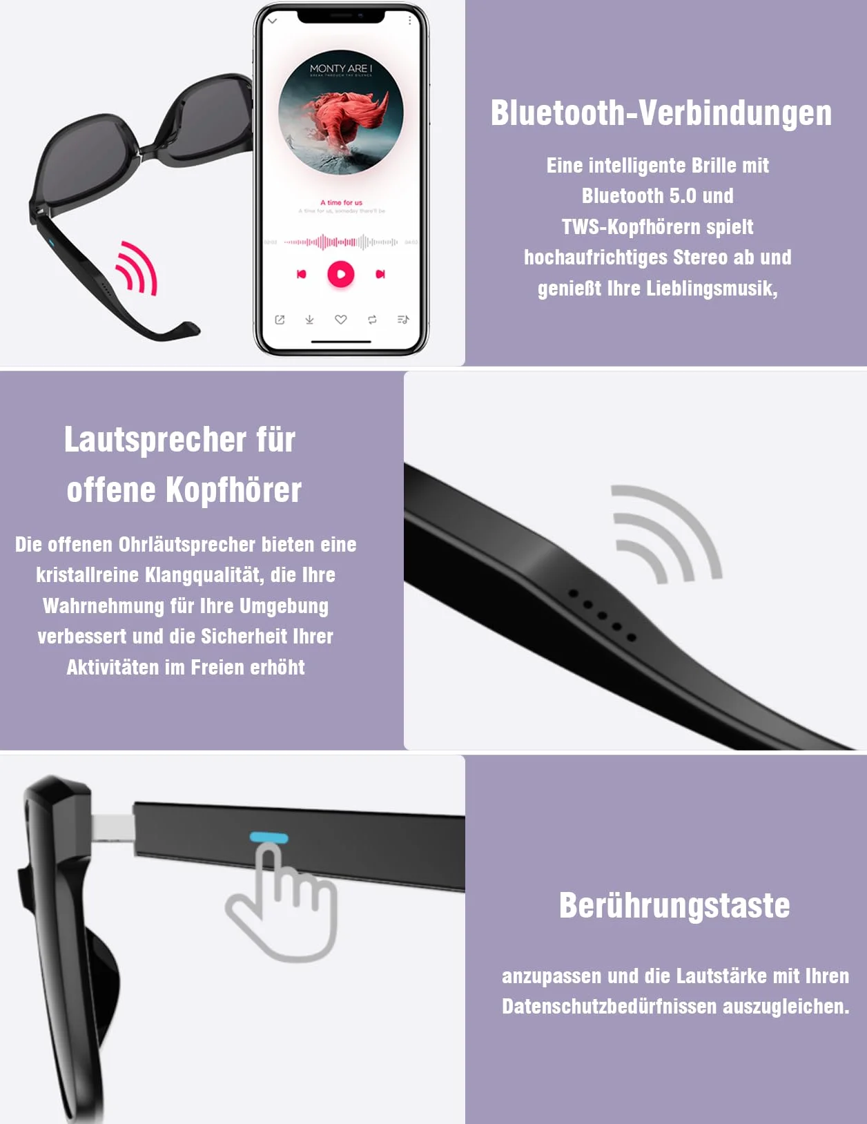 Intelligente Bluetooth 5.4 Audio Sonnenbrille mit Mikrofon Lautsprecher für Herren Damen