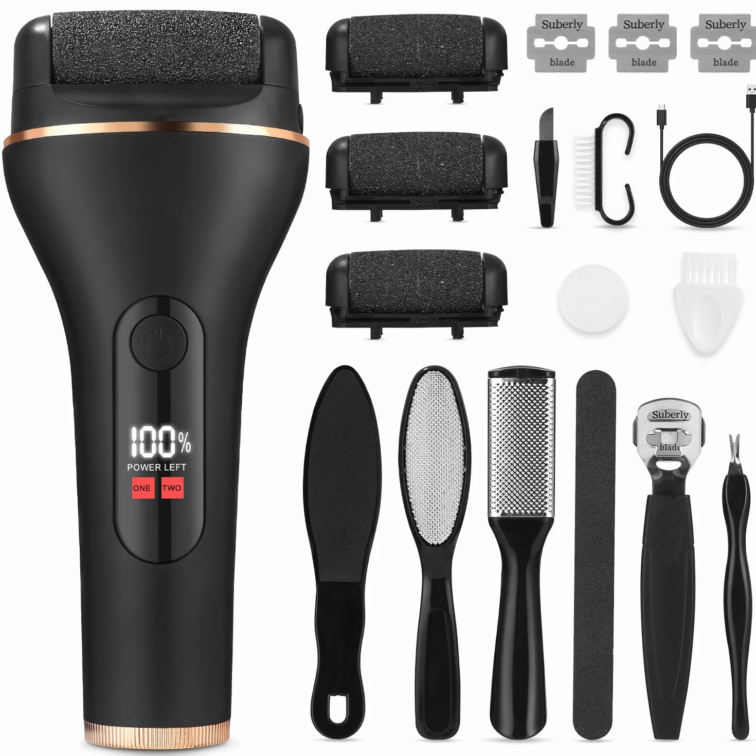 Set Pedicure Elettrico Professionale 18 Pezzi, Raspa Piedi con 3 Rulli Ricambio e 2 Velocità, Kit Rimozione Calli Talloni Screpolati