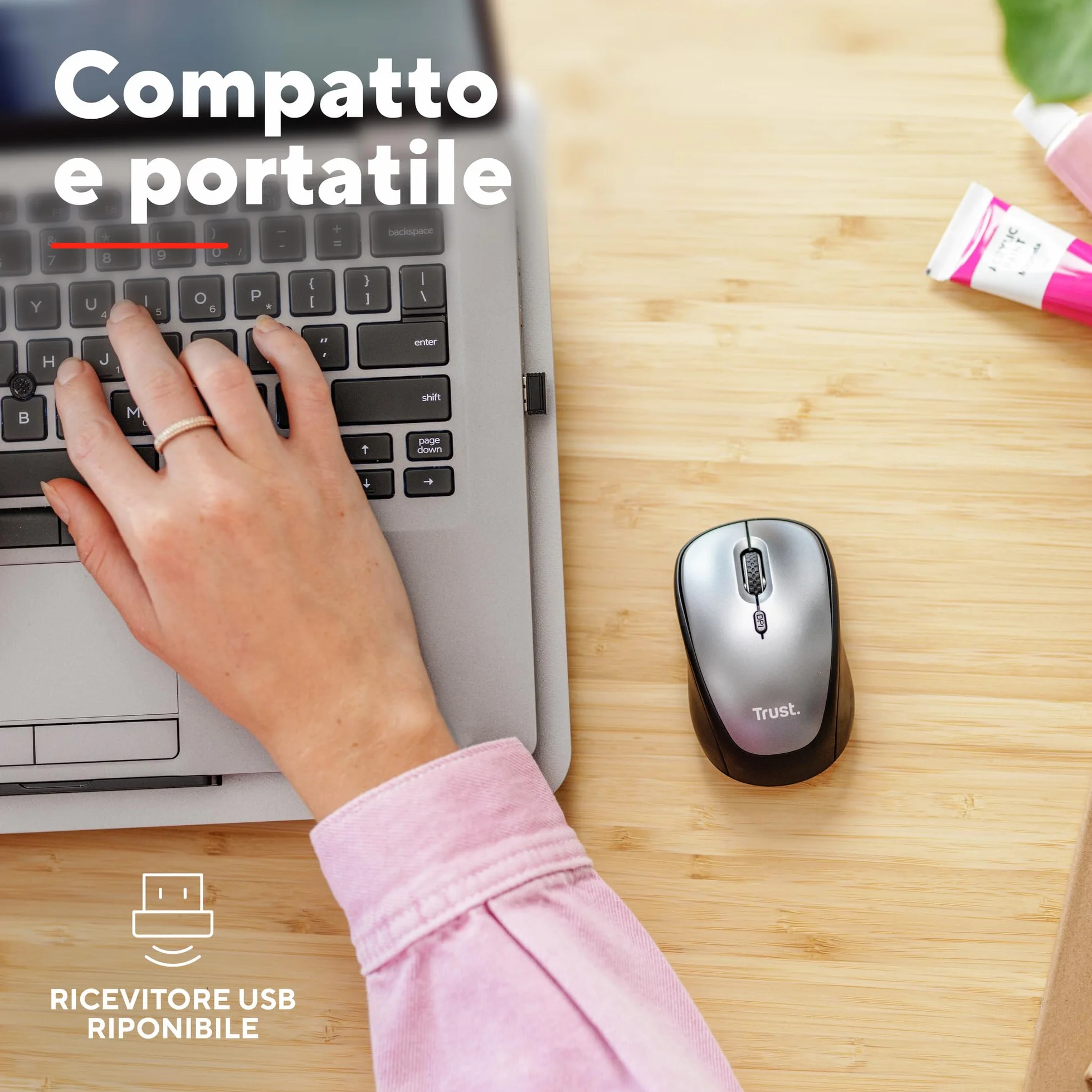 Trust Mouse Wireless Silenzioso 800-1600 DPI Microricevitore USB Compatto per PC Laptop Mac