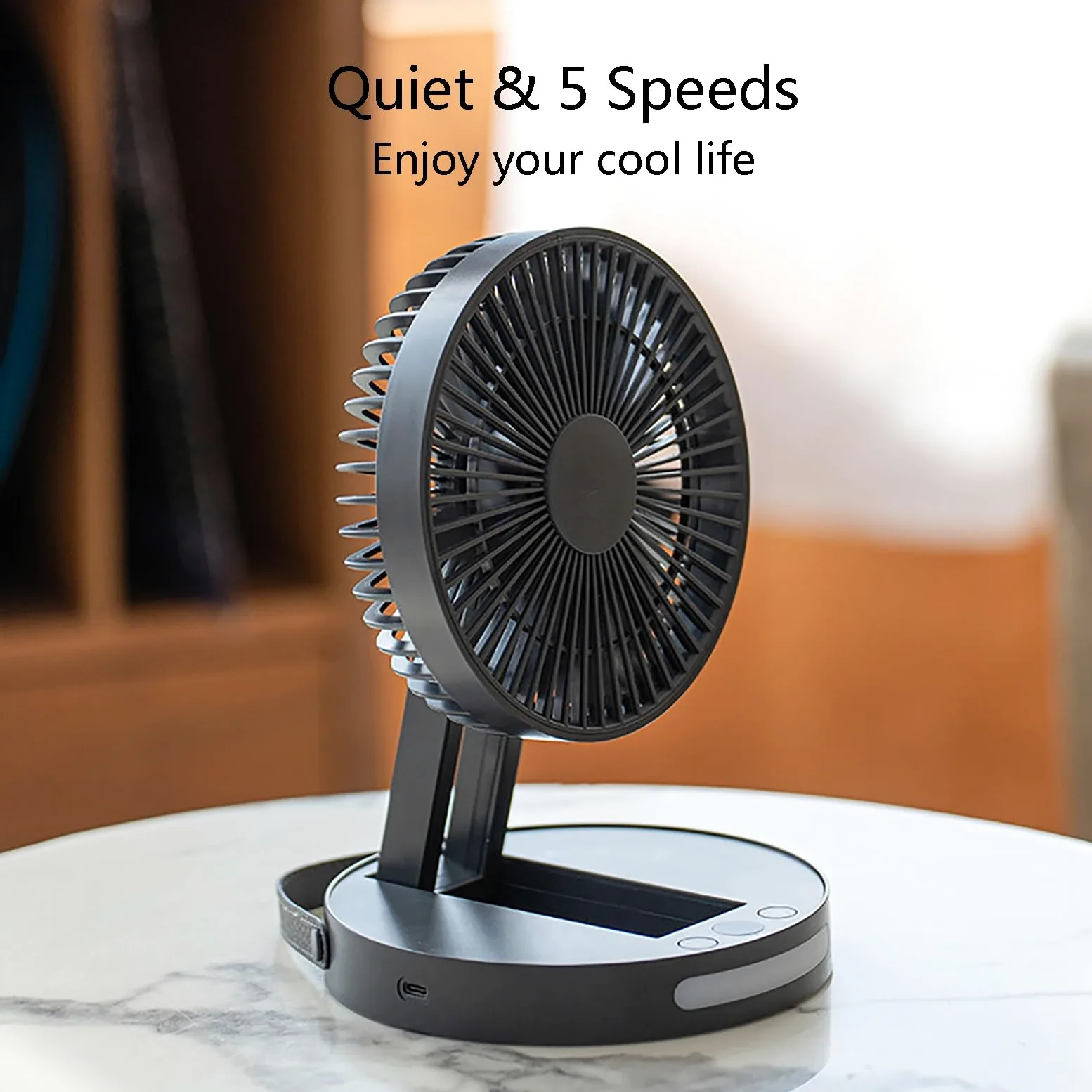 Ventilatore da tavolo portatile ricaricabile con luce notturna, ultra silenzioso, 5 velocità, design compatto per ufficio, dormitorio, viaggi, mini ventilatore pieghevole USB (bianco)