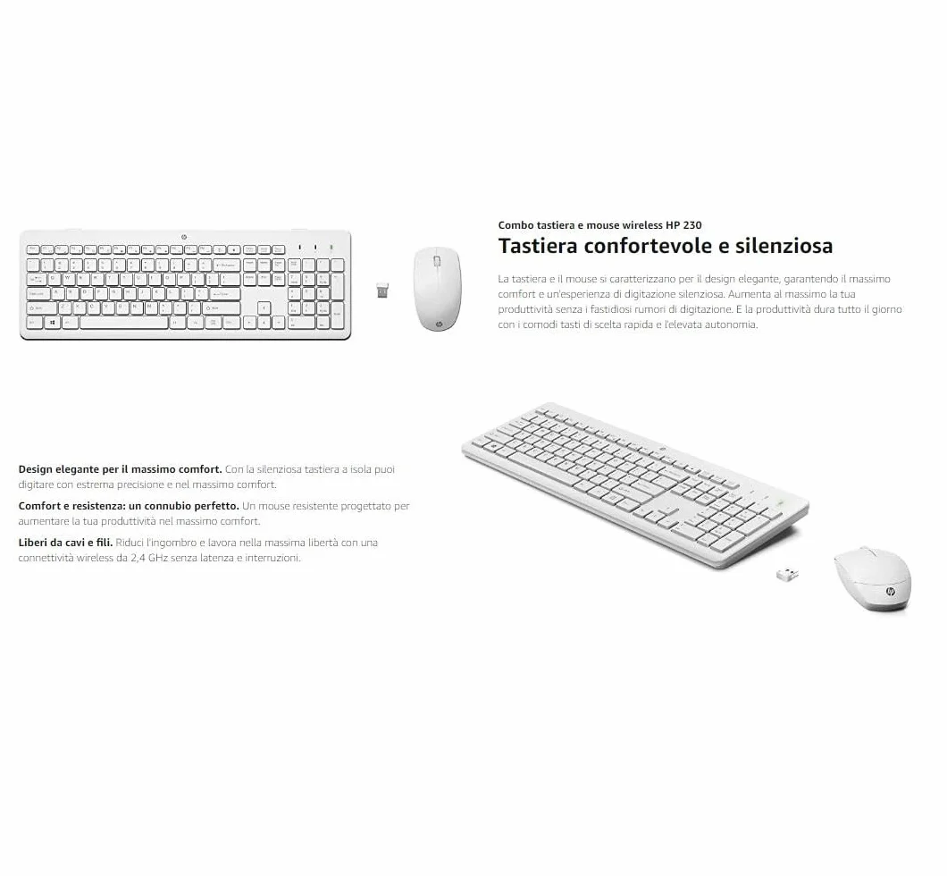 HP 230 Combo Tastiera e Mouse Wireless con Dongle USB-A a 2,4 GHz, Digitazione Silenziosa, Tasti Scelta Rapida e 12 Funzioni, Tastierino Numerico, Mouse a 1600 DPI, Rotella Scorrimento, Bianca