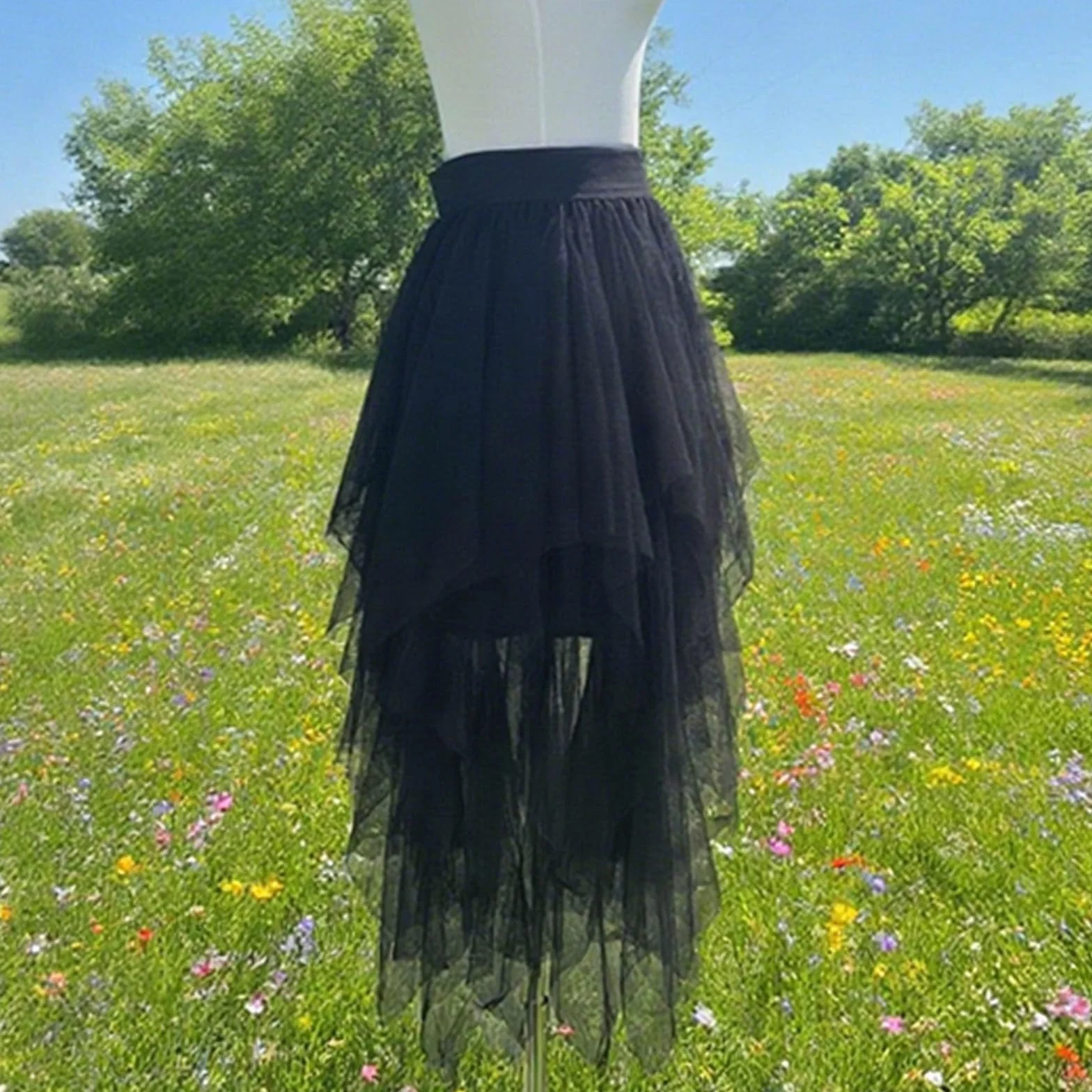 Gonna Tulle Donna Midi A Strati Asimmetrica Vita Alta Elasticizzata Elegante Fluida per Feste