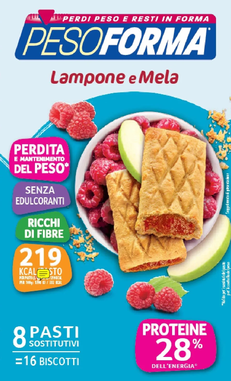 Pesoforma Biscotti Lampone e Mela, Pasto Sostitutivo Dimagrante, Ricco in Proteine, 8 Pasti, 236 Kcal, 90 Ml