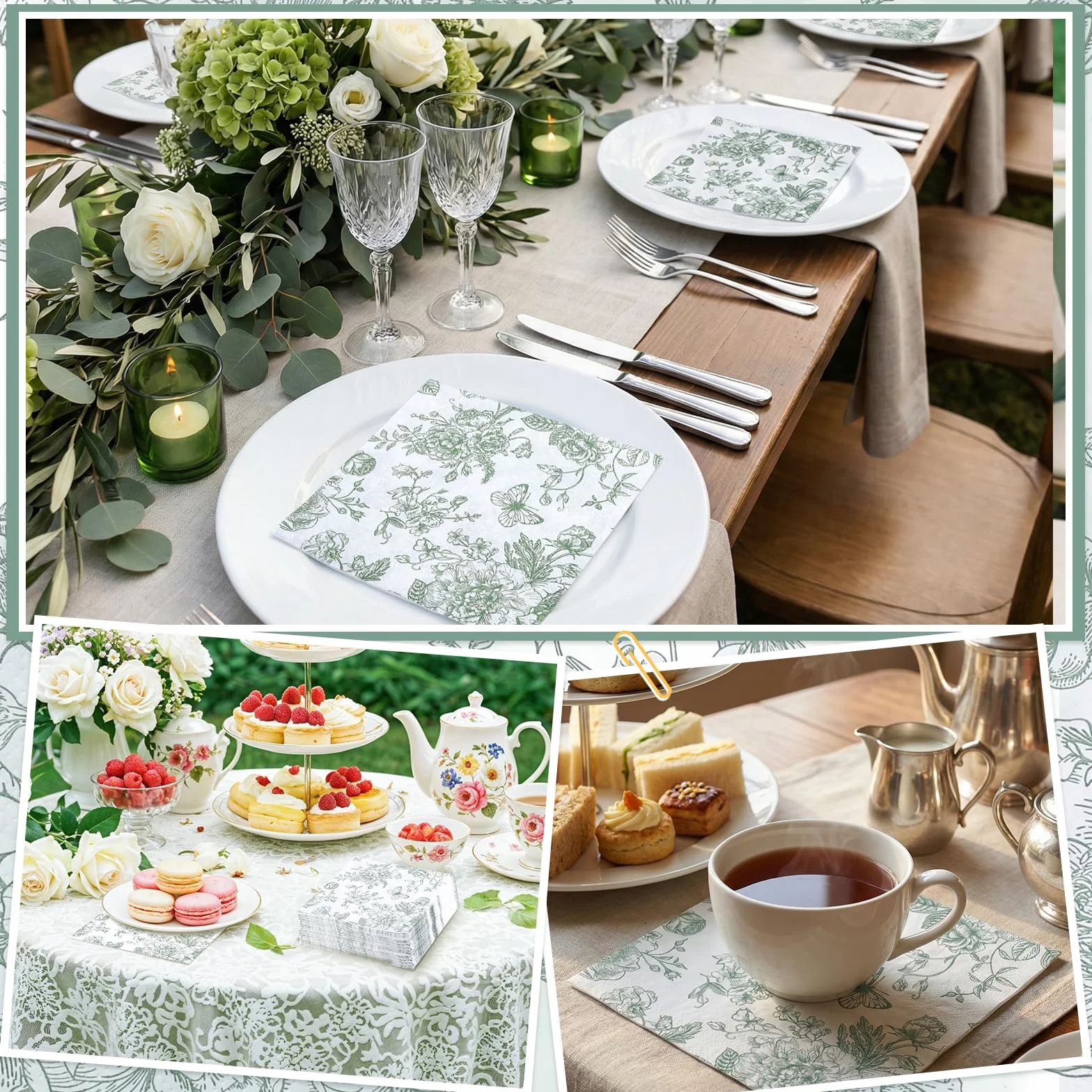 Tovaglioli da Cocktail Vintage con Fiori Verdi 16,5cm per Matrimoni Baby Shower Compleanni