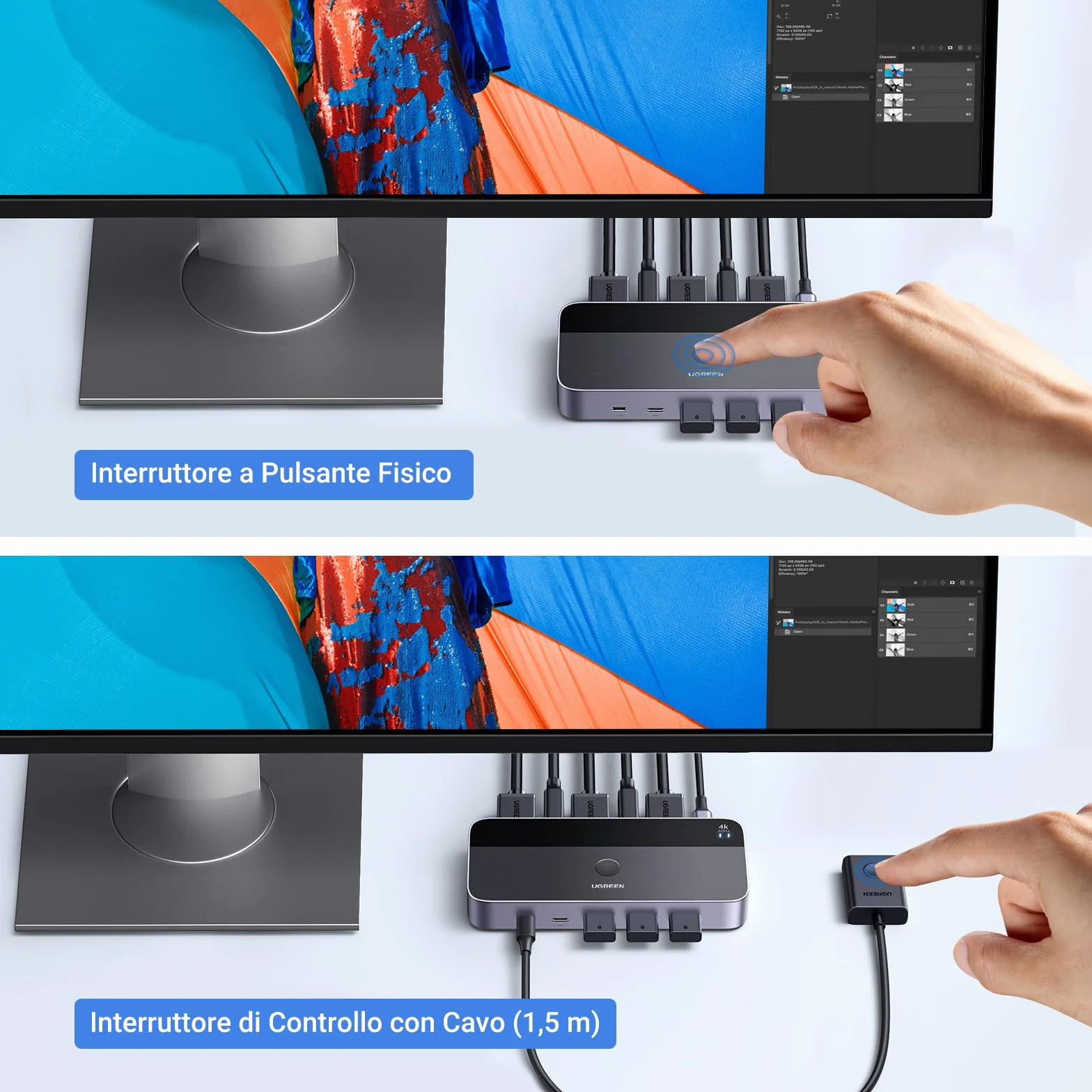 UGREEN Switch KVM HDMI 4K 60Hz 2 Ingressi 1 Uscita con 3 Porte USB A 3.0 e 1 Porta Tipo C 3.0 5Gbps per Tastiera Mouse HDD Hard Disk Switcher con Controller Desktop e 2 Cavi 1M