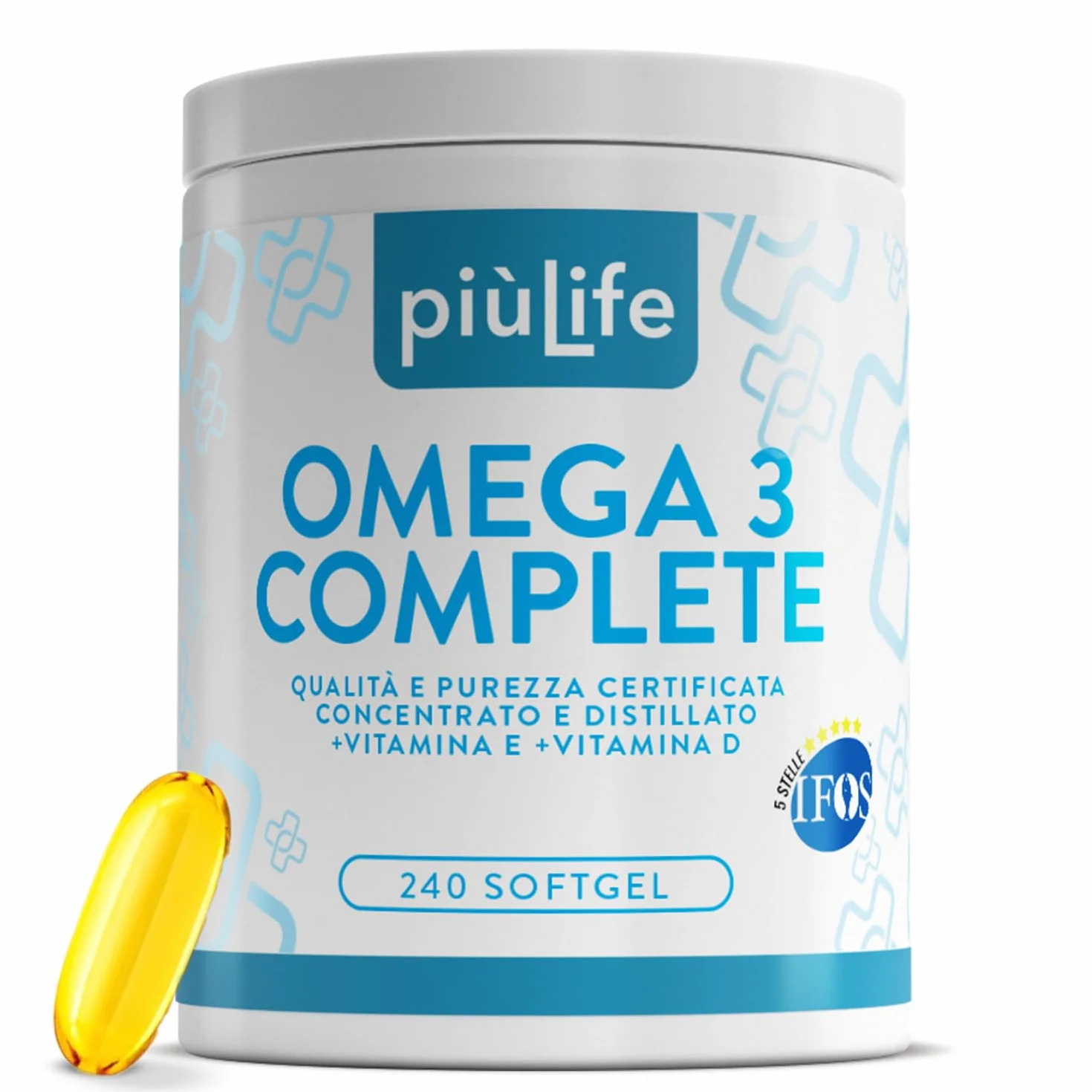 Omega 3 IFOS 5 Stelle Certificato Con Vitamina D3 2000 UI PiùLife, 240 Softgel 2000mg EPA, 1000mg DHA Olio di Pesce