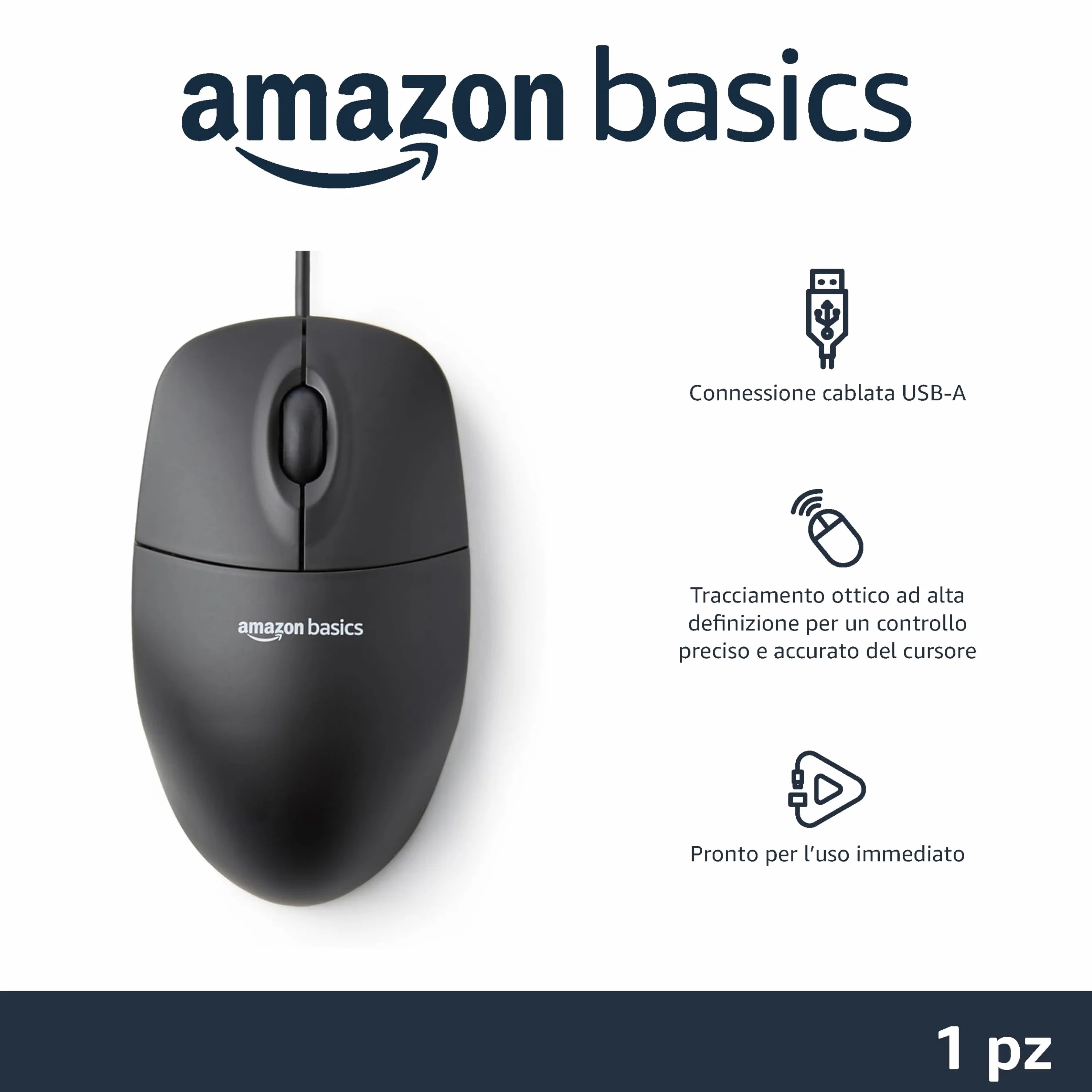 Amazon Basics Mysz optyczna czarna USB 3 przyciski Windows Mac OS X