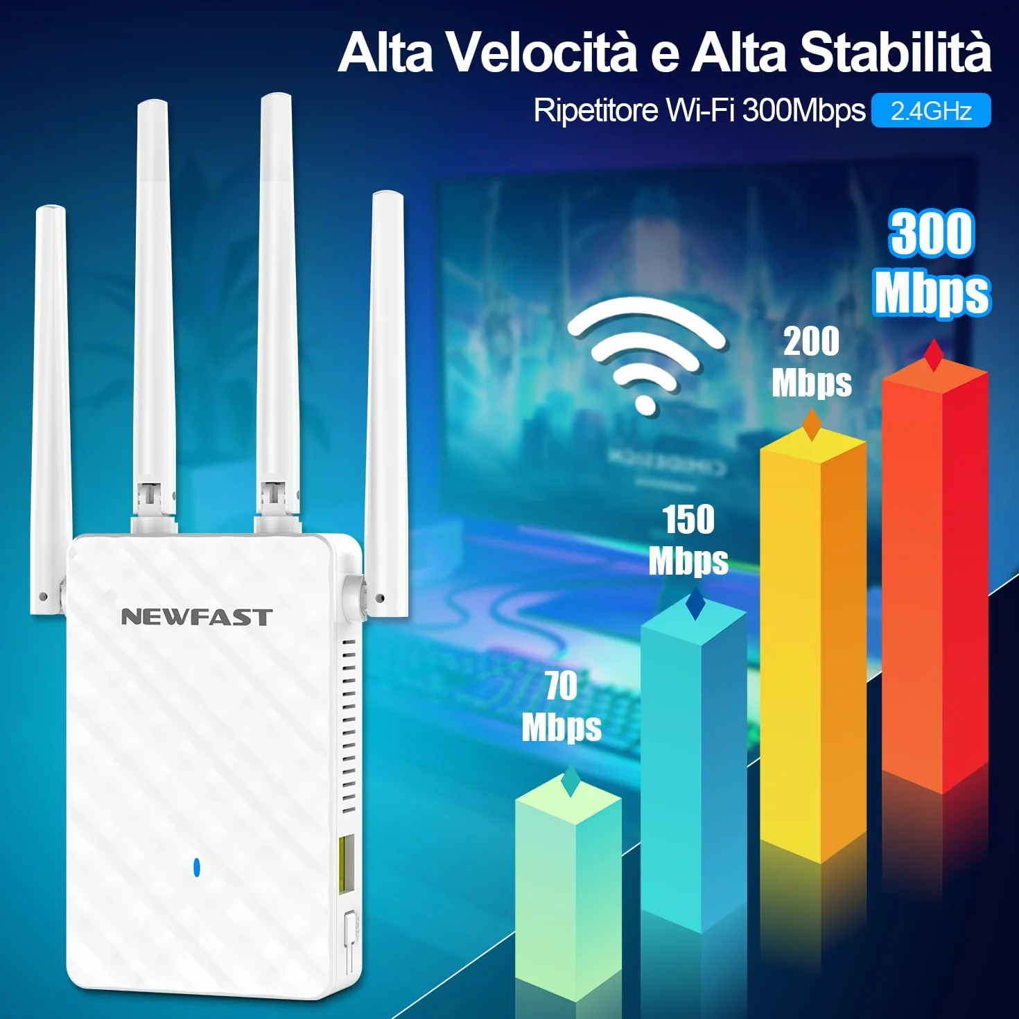 NEWFAST Ripetitore WiFi Potente per Casa, Extender WiFi Potente 2.4GHz N300 Amplificatore Wi-Fi con 4 Antenne ad Alto Guadagno, Porta LAN, Supporta 4 Modalità, WPS Funzione (RE516)
