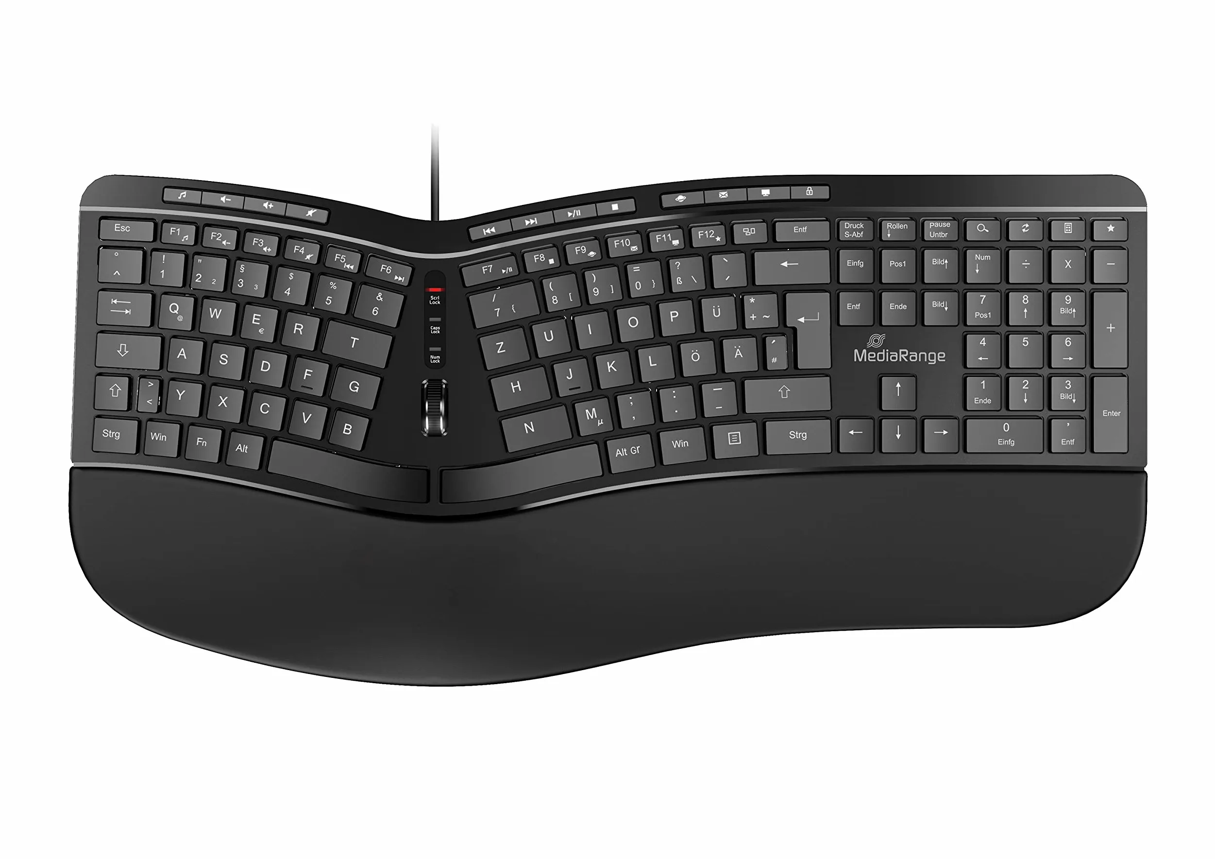 MediaRange Tastiera ergonomica, tastiera multimediale cablata con 124 tasti e rotella di scorrimento, layout tedesco QWERTZ, resistente agli schizzi e regolabile in altezza, colore nero