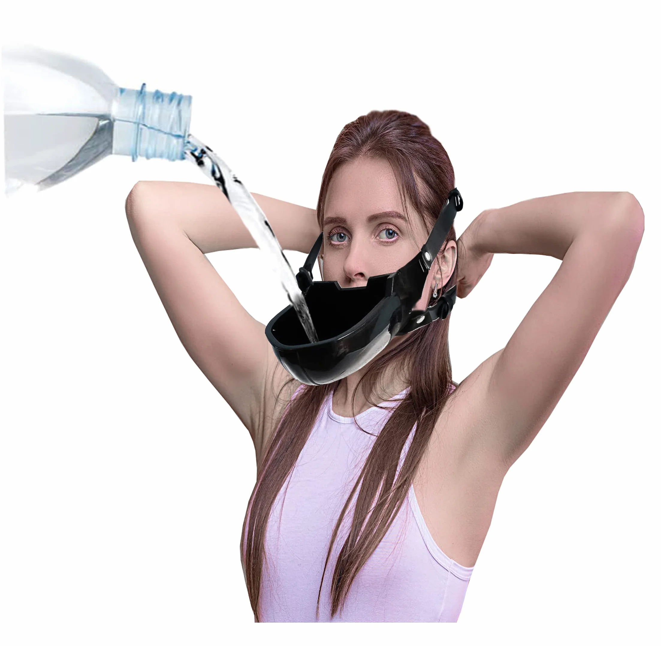Mordacchia per donna bondage nera per uso estremo, imbracatura e cappuccio sexy con manette