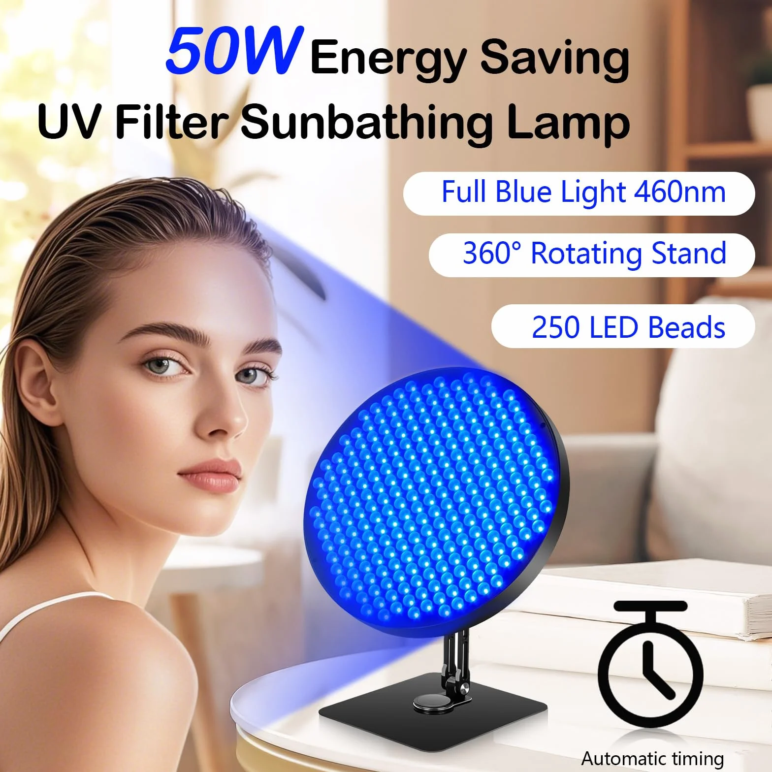 Solarium per la Casa, Lampada Abbronzante Viso 50W 250 LED 460 NM Temporizzato con Supporto e Occhiali