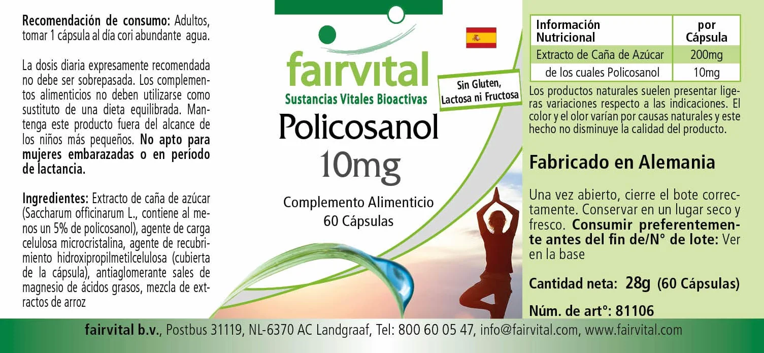 Fairvital Policosanol Capsule 10 mg, 60 Capsules, Alto Dosaggio, Vegane