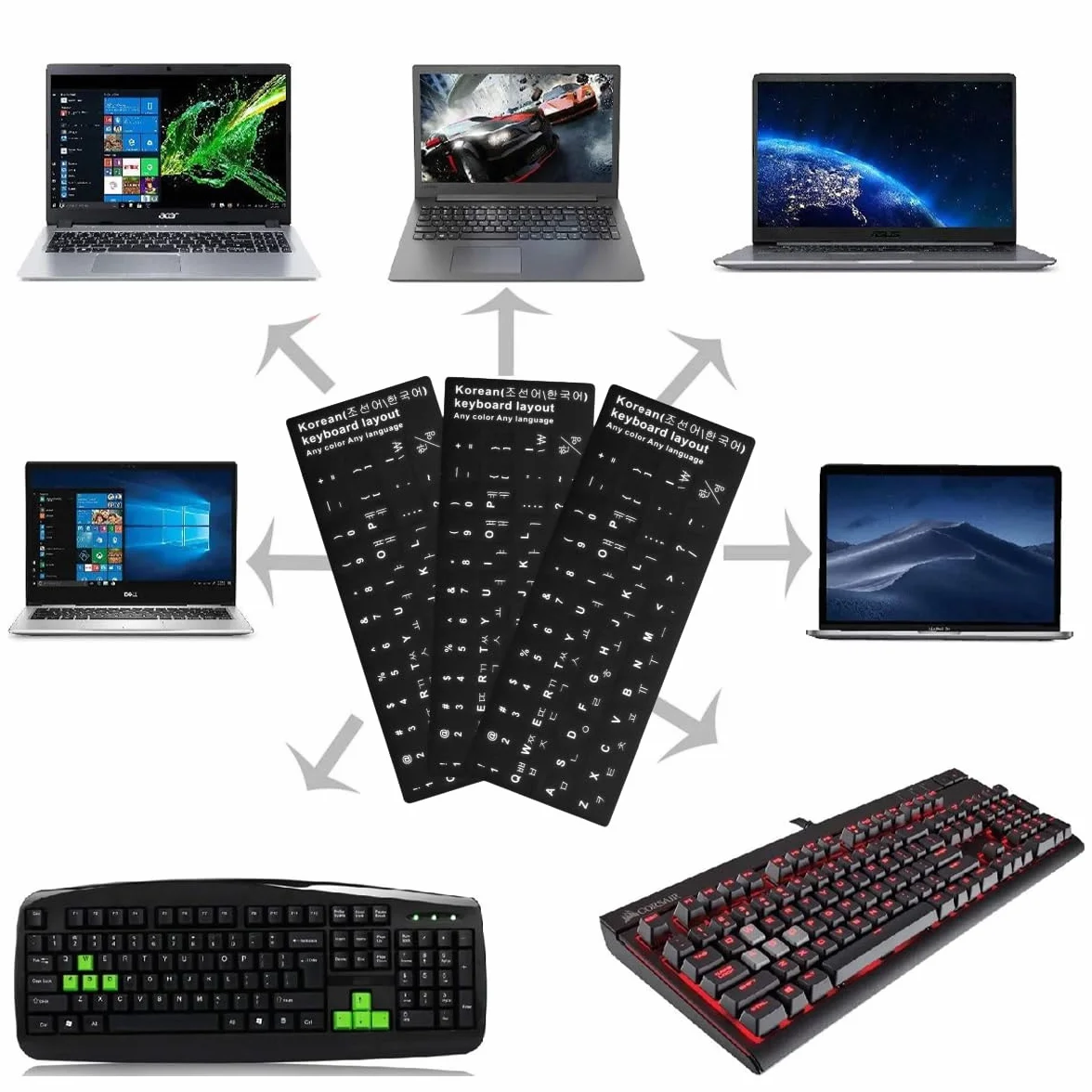 LEEQ 3 Pezzi Adesivi per tastiera coreana - Adesivi universali in coreano per computer, Nero