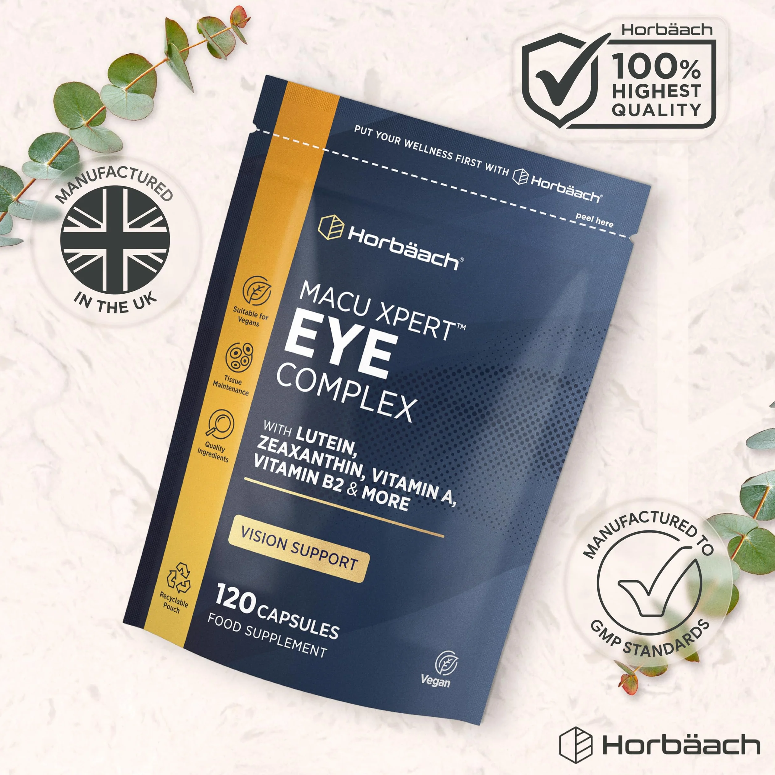 Horbaach Integratore Occhi con Luteina e Zeaxantina Alto Dosaggio 120 Compresse Vegane