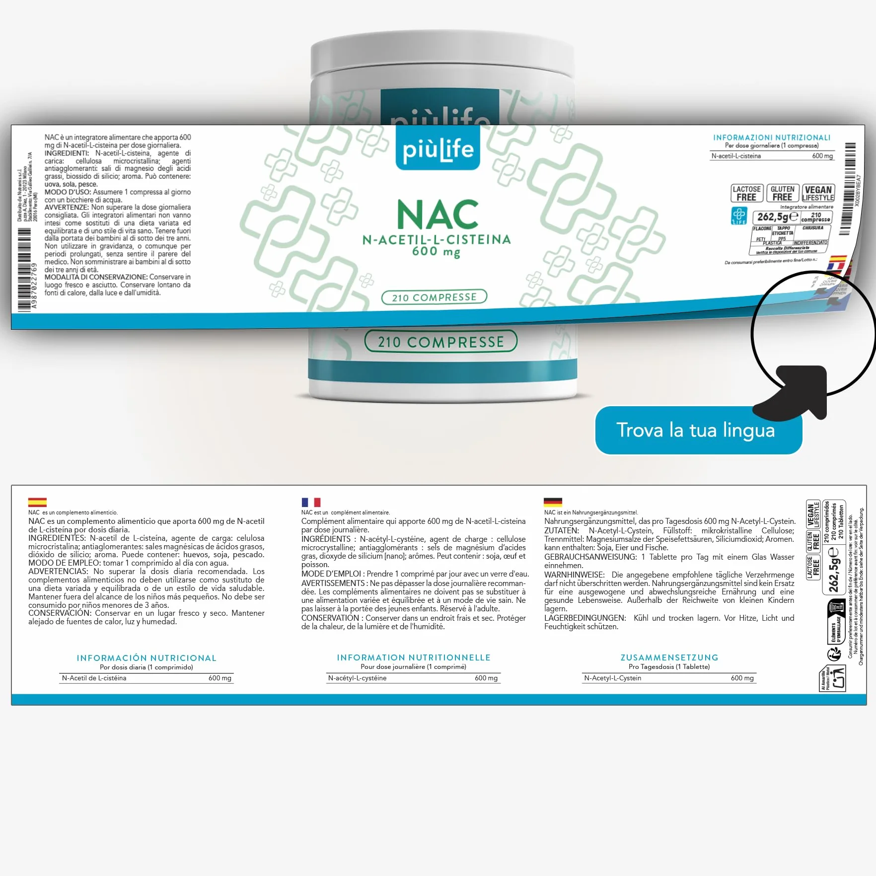 PiùLife NAC N-Acetil-Cisteina 600mg 210 Compresse Integratore Antiossidante Mucolitico