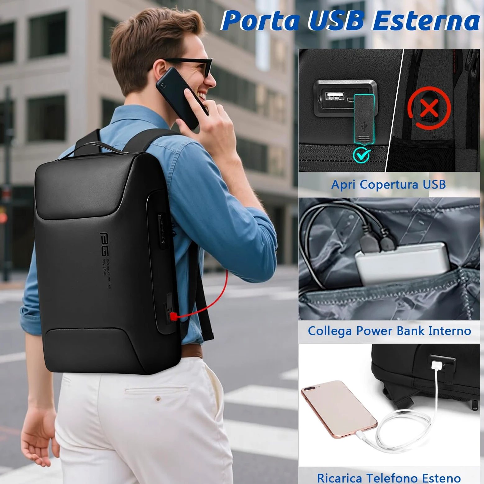 VARLIVOO Moda Uomo Zaino USB Port Parola d'ordine Serratura Antifurto Zainetto 15,6" Laptop Uomo Borse Lavoro Viaggio Scuola Impermeabile Polyester Nero