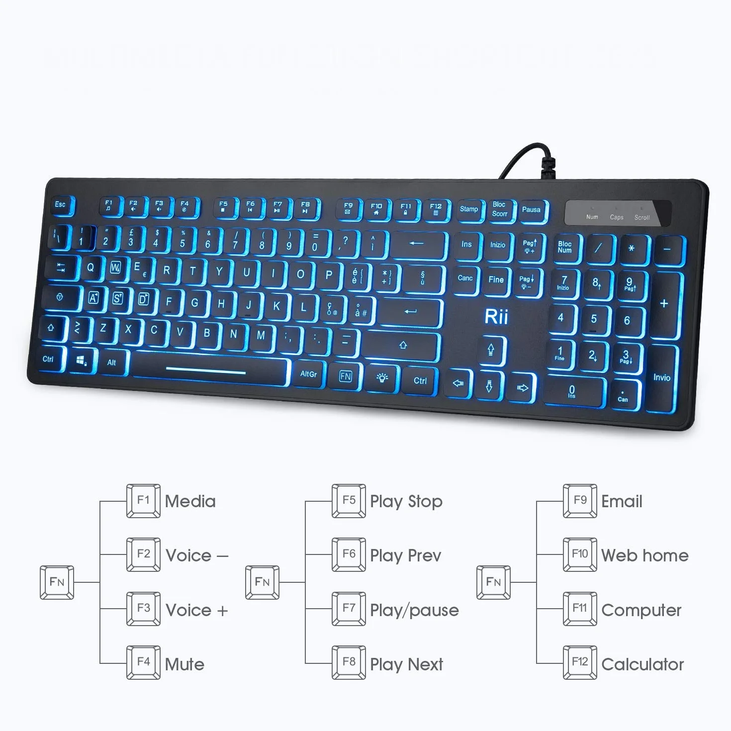 Rii RK105 - Set tastiere e mouse retroilluminati a LED, design elegante e minimalista