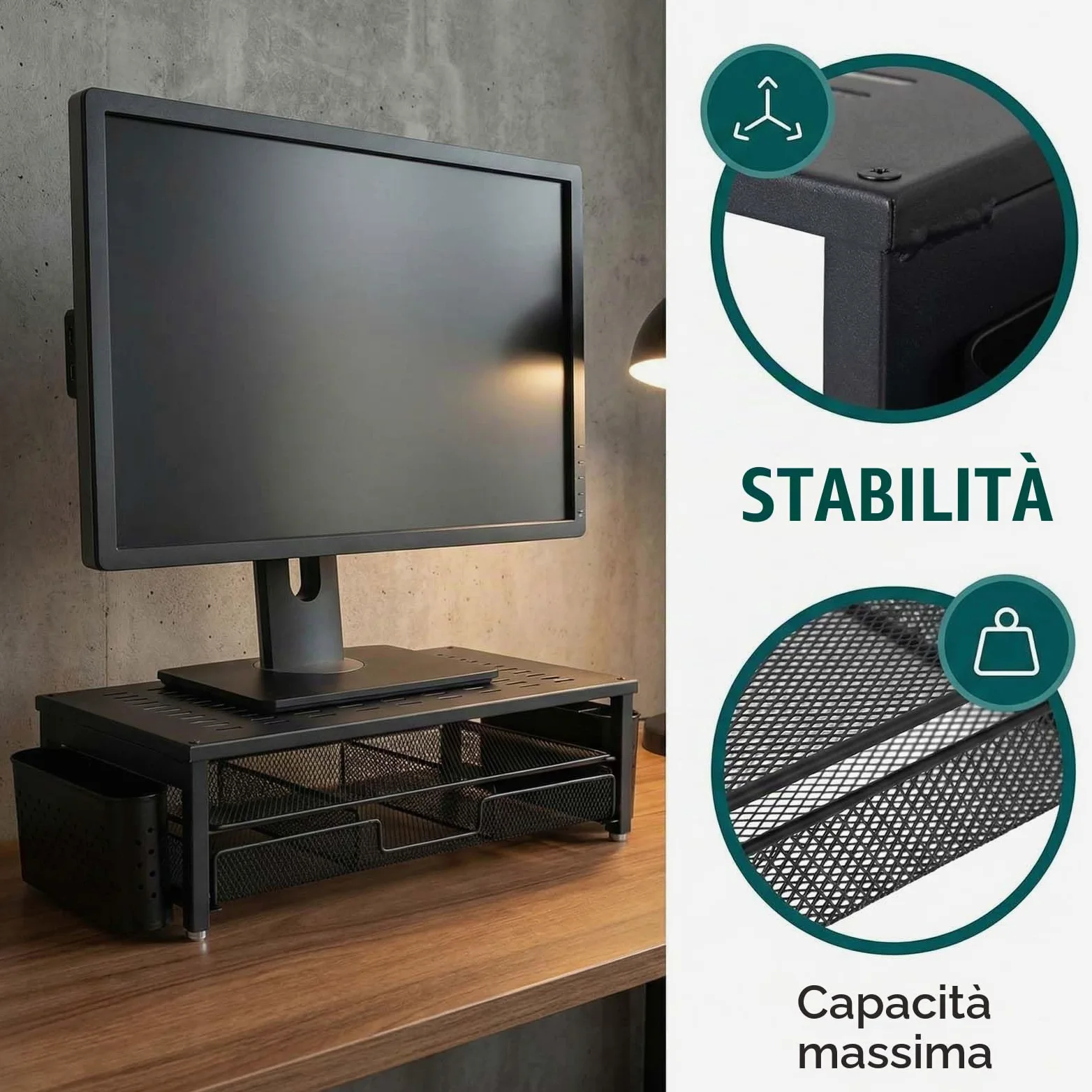 Alzaschermo con Cassetto e 2 Portapenne – Organizzatore da Scrivania Ergonomico per Monitor e Laptop, Supporto per Accessori Ufficio e Sistema di Archiviazione per Home Office