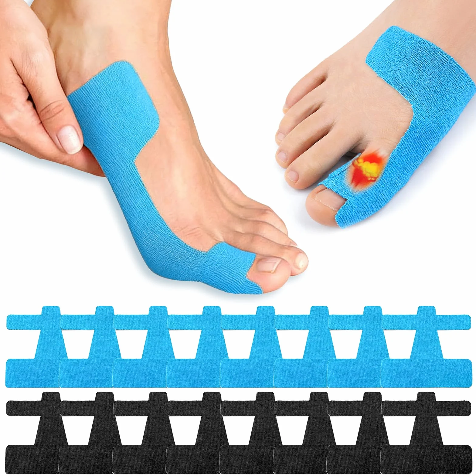 Kinesiotape per Alluce Valgo, Pretagliato Nastro Kinesiologico in Cotone, Impermeabile Traspirante, Nero+Blu, 50 Pezzi