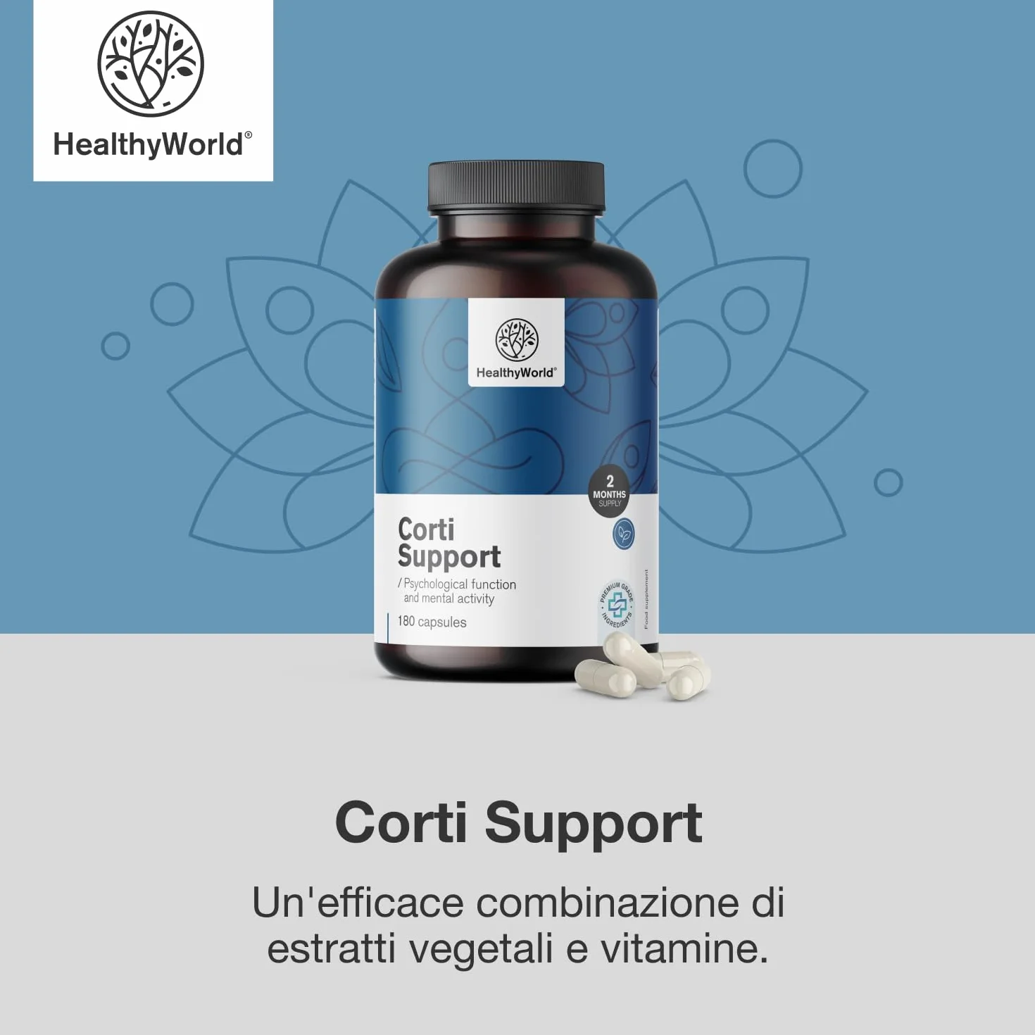 HealthyWorld Corti Support 180 capsule Ashwagandha Rodiola Rosea L-teanina Zinco Pepe nero Vitamina C1 B1 B5 B6 Equilibrio ormonale Formula vegetariana