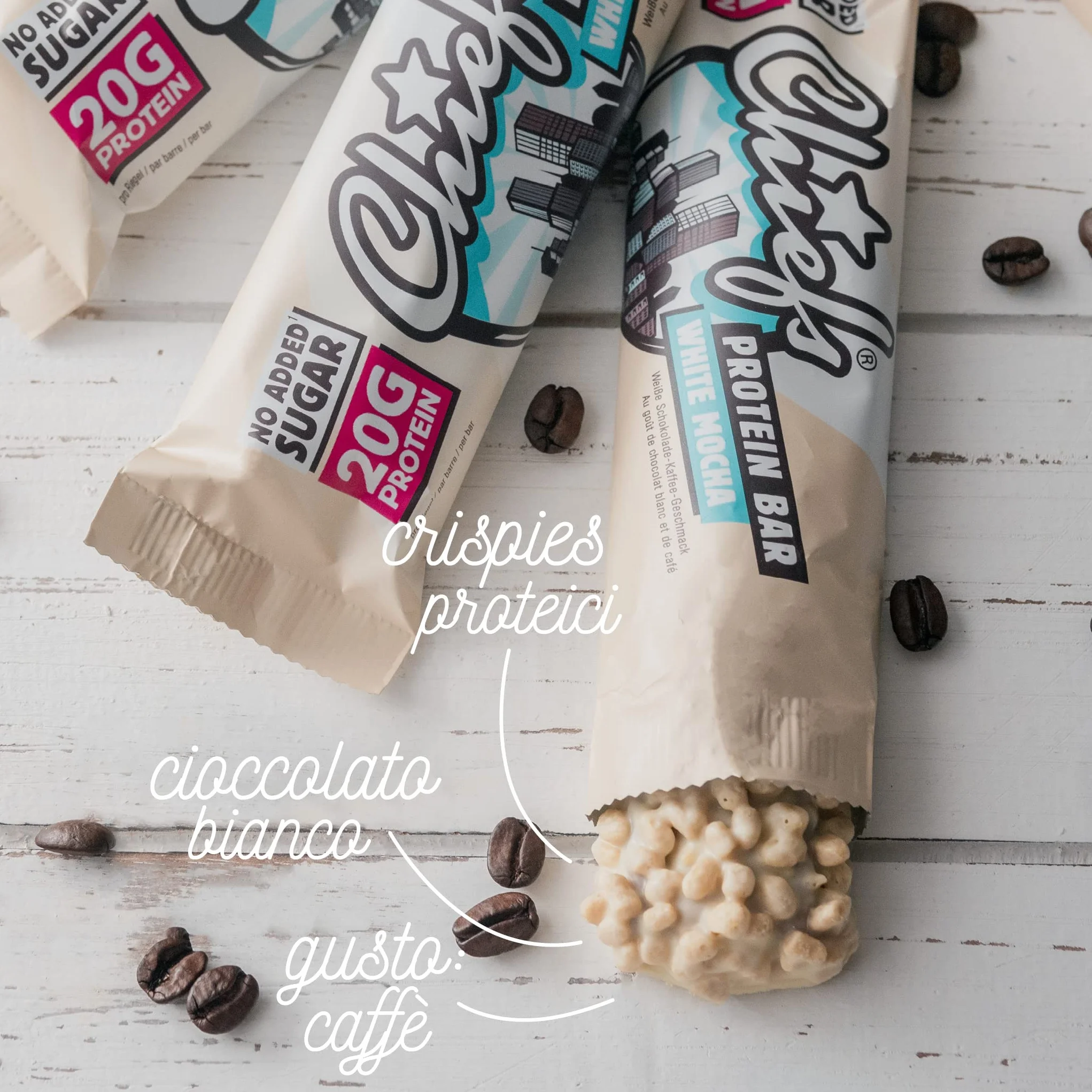 Chiefs Protein Bar 20g proteine 208kcal Barretta proteica basso zucchero 12x55g White Mocha