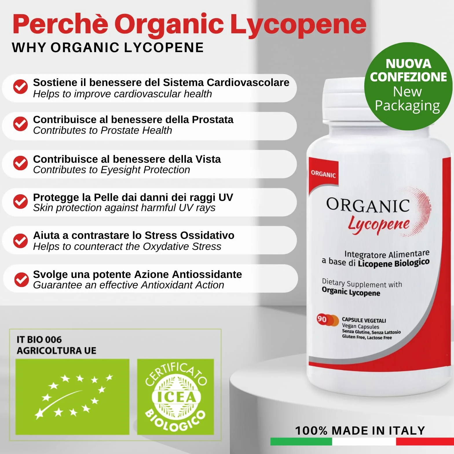 Organic Lycopene Integratore Antiossidante Licopene Certificato Biologico 90 Capsule