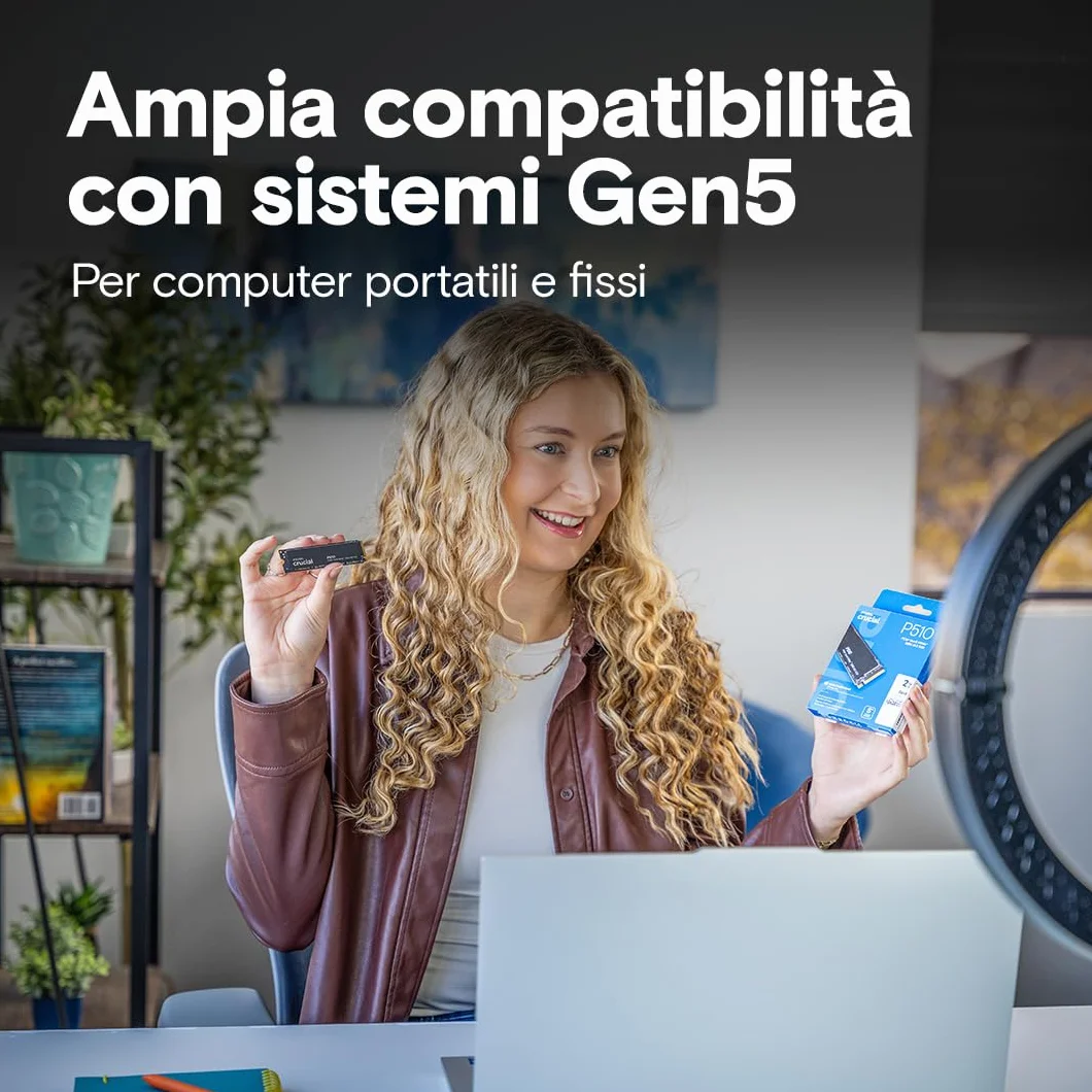 Crucial P510 SSD 2TB PCIe 5.0 x4 Gen5 NVMe M.2 , Velocità fino a 10.000 MB/s, Lettura, 8.700 MB/s in Scrittura, Compatibile con Notebook e PC Desktop, TLC NAND, Hard Disk Interno - CT2000P510SSD8-01