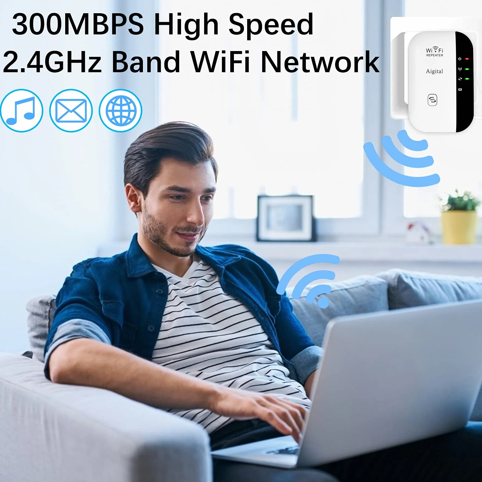 Ripetitore Wireless WiFi Extender e Access Point per Casa, Amplificatore Segnale WiFi, Velocità Single Band 300Mbps, Porta LAN, Pulsante WPS, Compatibile con tutti i modem router wifi