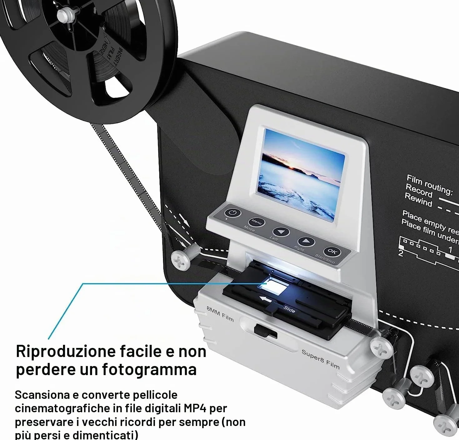 Scanner Pellicole Super 8/Normal 8mm,Convert Film into Digital Video(3", 5",7"e 9"Rotolo di Pellicola) Scanner e Digitalizzatore di Film con LCD da 2,4",1080P e Scheda SD da 32 GB